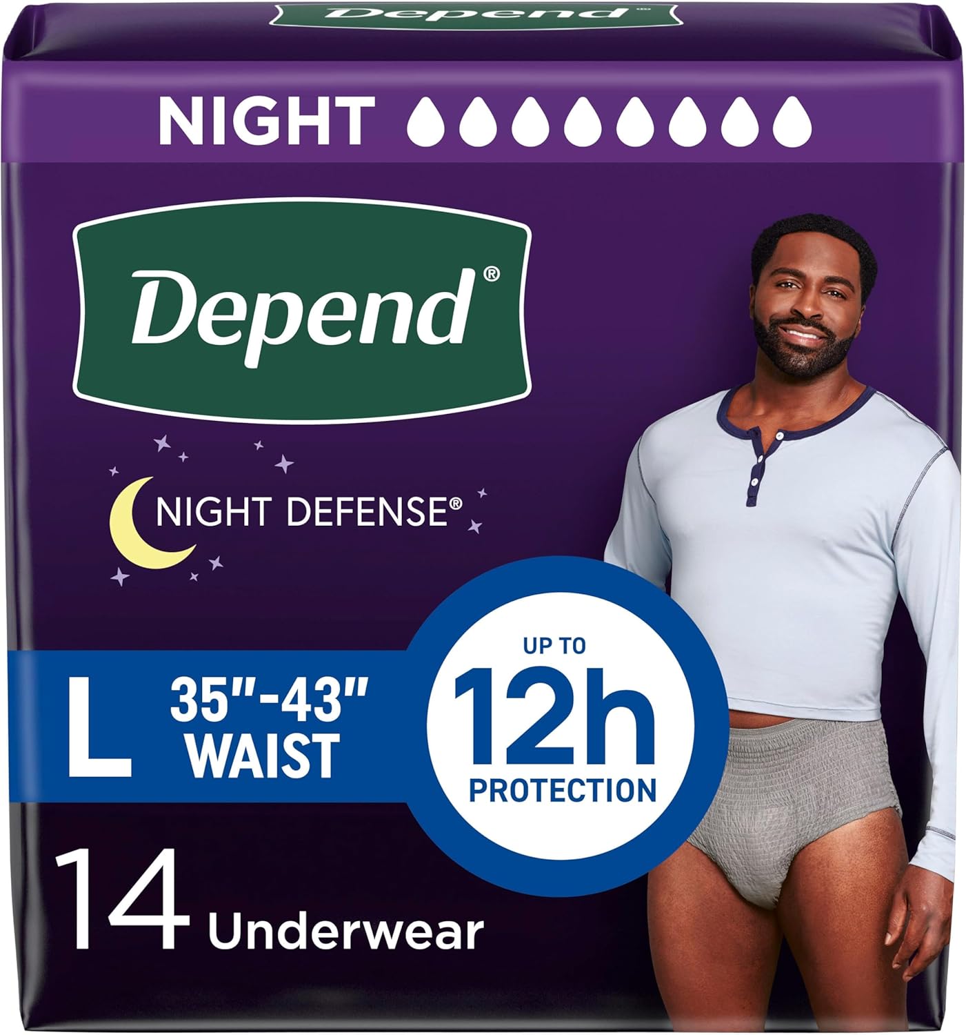 Depend Night Defense Adult Diapers, Incontinence Underwear for Men, Disposable, Overnight, Large, Grey, 14 Count, Packaging May Vary Large 14
