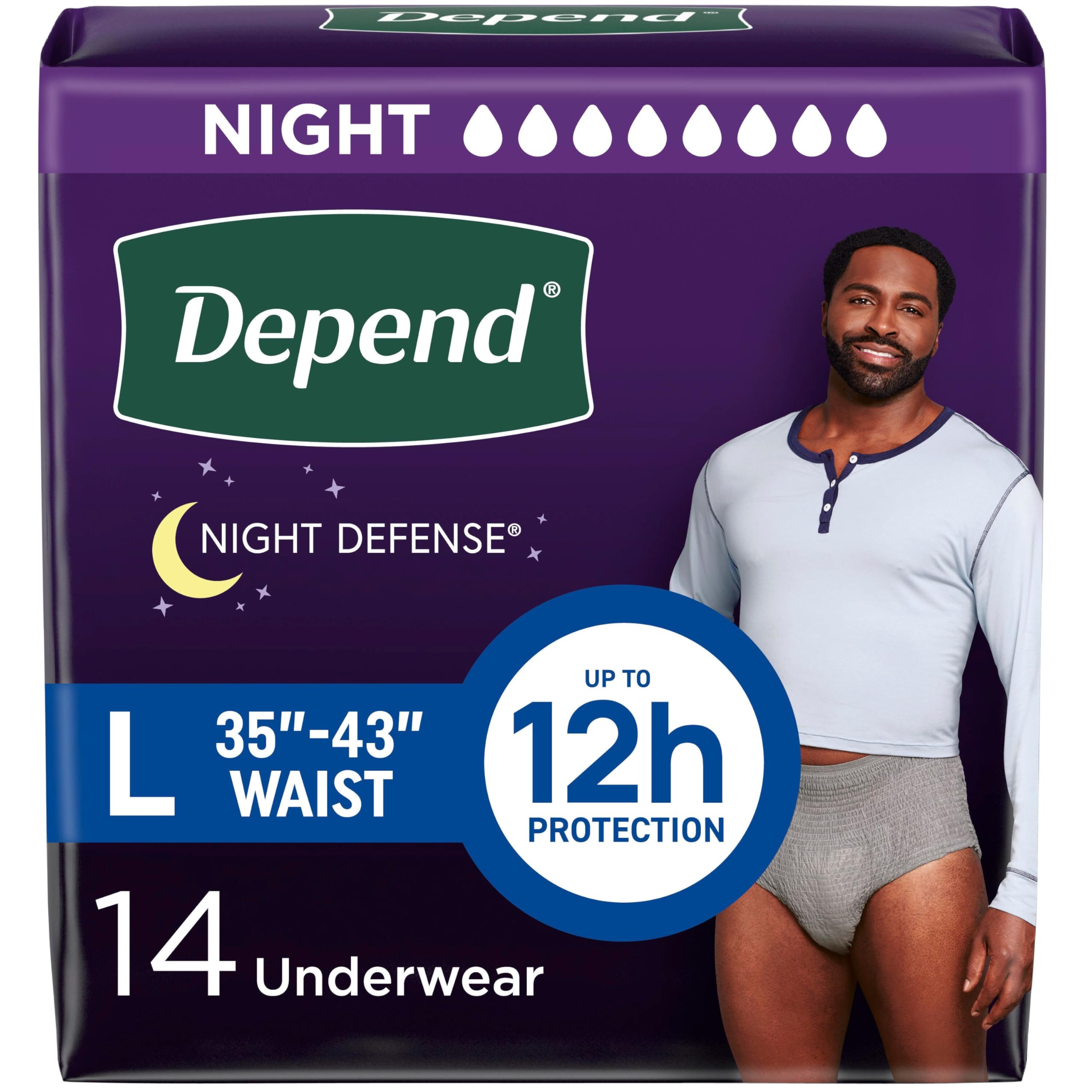 DependNight Defense Adult Incontinence Underwear for Men, Disposable, Overnight, Large, Grey, 14 Count, Packaging May Vary