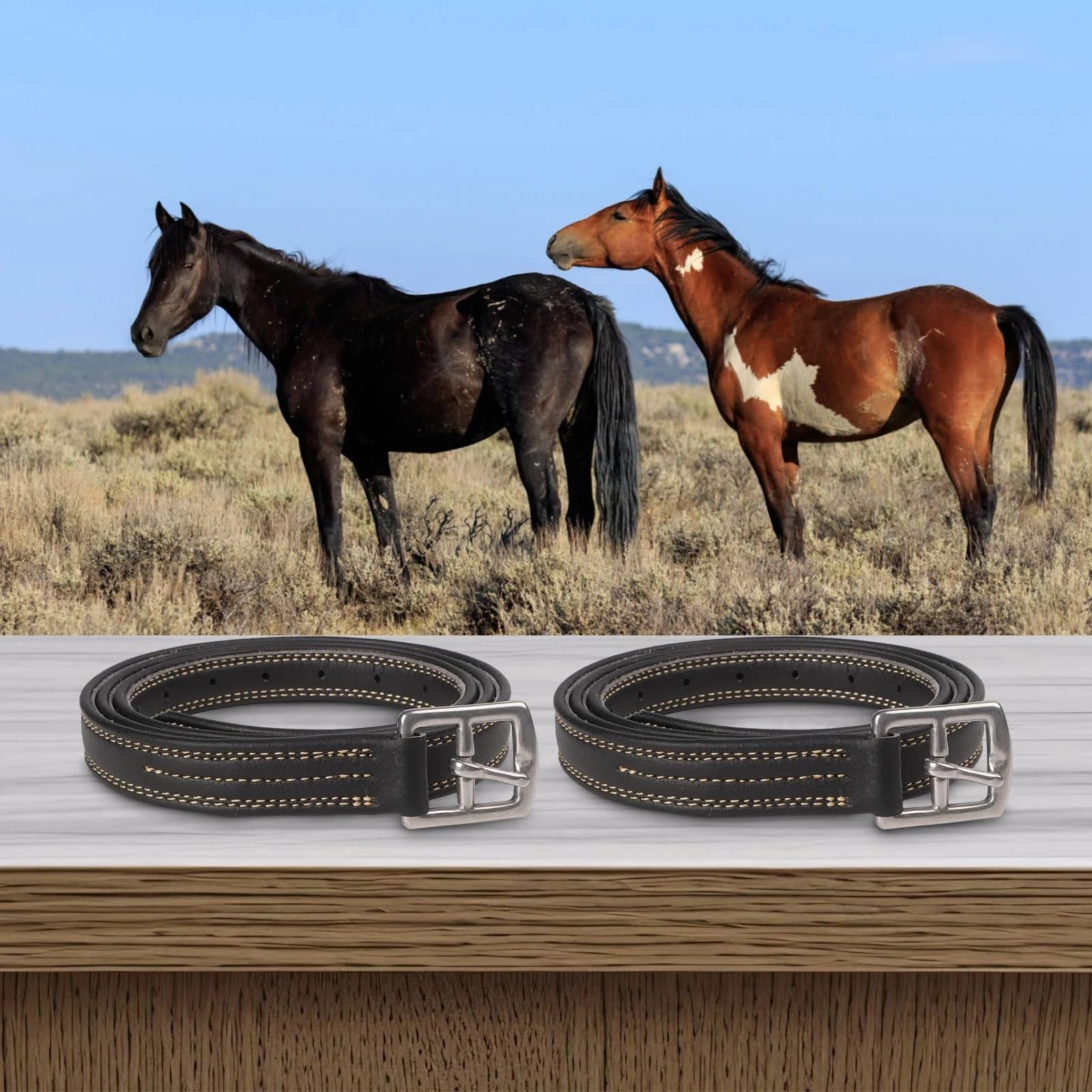 2pcs Leather Stirrup 125/135cm Microfiber Soft Strap Metal Buckle with Adjustment Holes, Equestrian Supplies Accessories Für Dressur(Black 135cm)