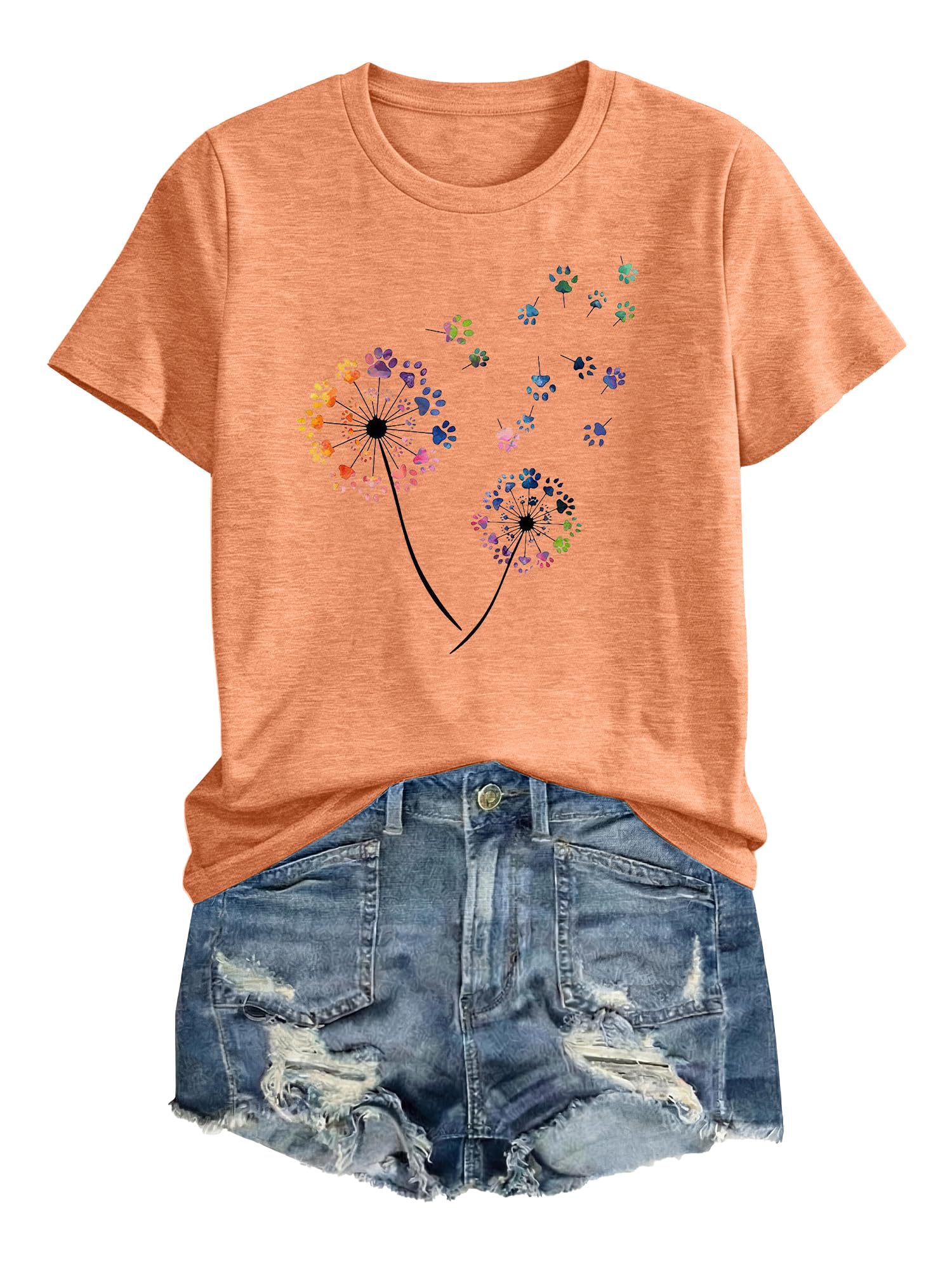 Anbech Women Dandelion Print T Shirts Summer Short Sleeve Graphic Tees | Cute Dandelion Paw Print Tshirt Casual Crewneck Loose Fit Flower T-shirts Teen Girls Colorful Comfy and Soft Daily Wear
