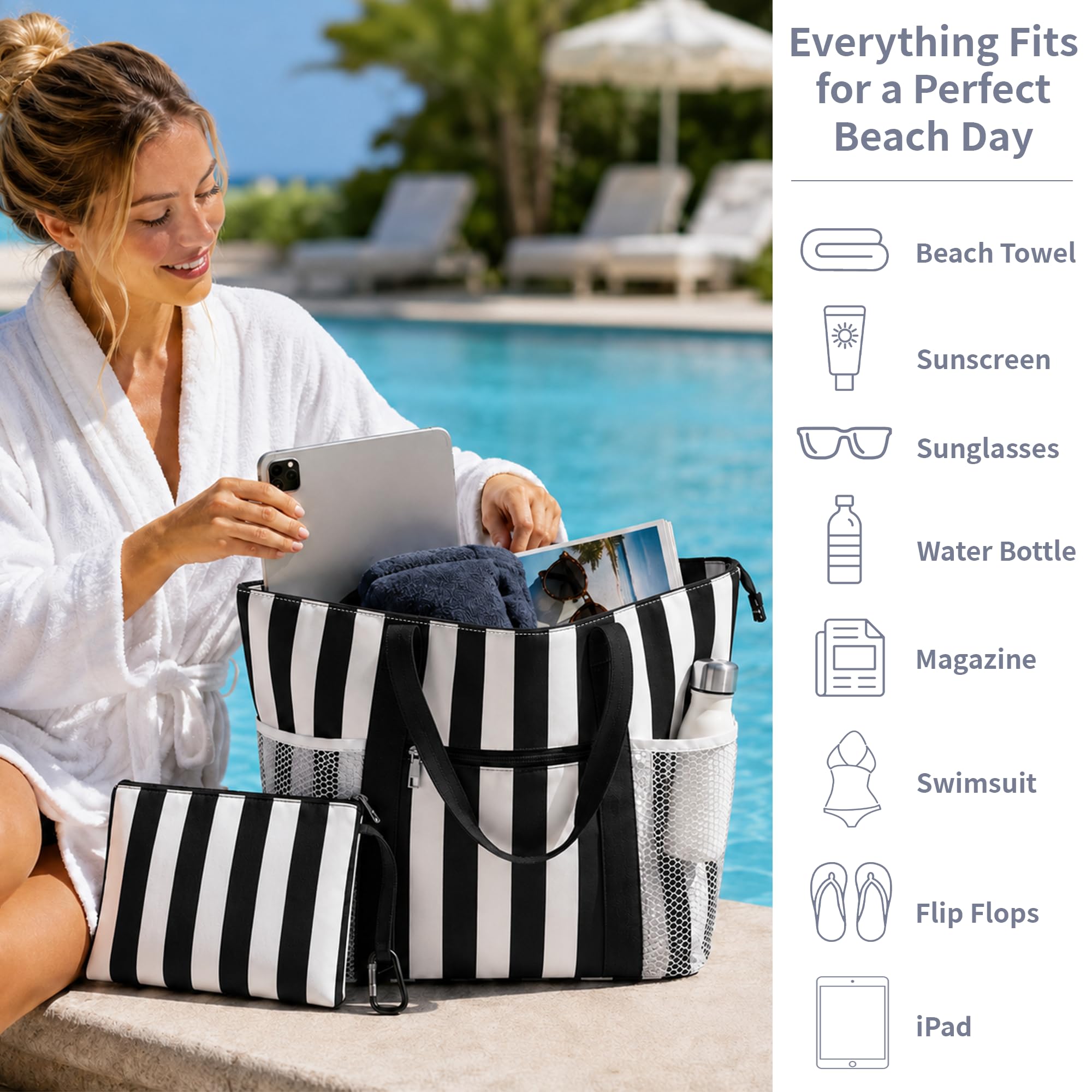 TAHAVICE 35L Große Strandtasche Damen, XXL Badetasche mit 5 Fächern & Nassfach, Wasserdichte Familie Strandtasche mit Reißverschluss, Beach Bag für Reise Strand Pool
