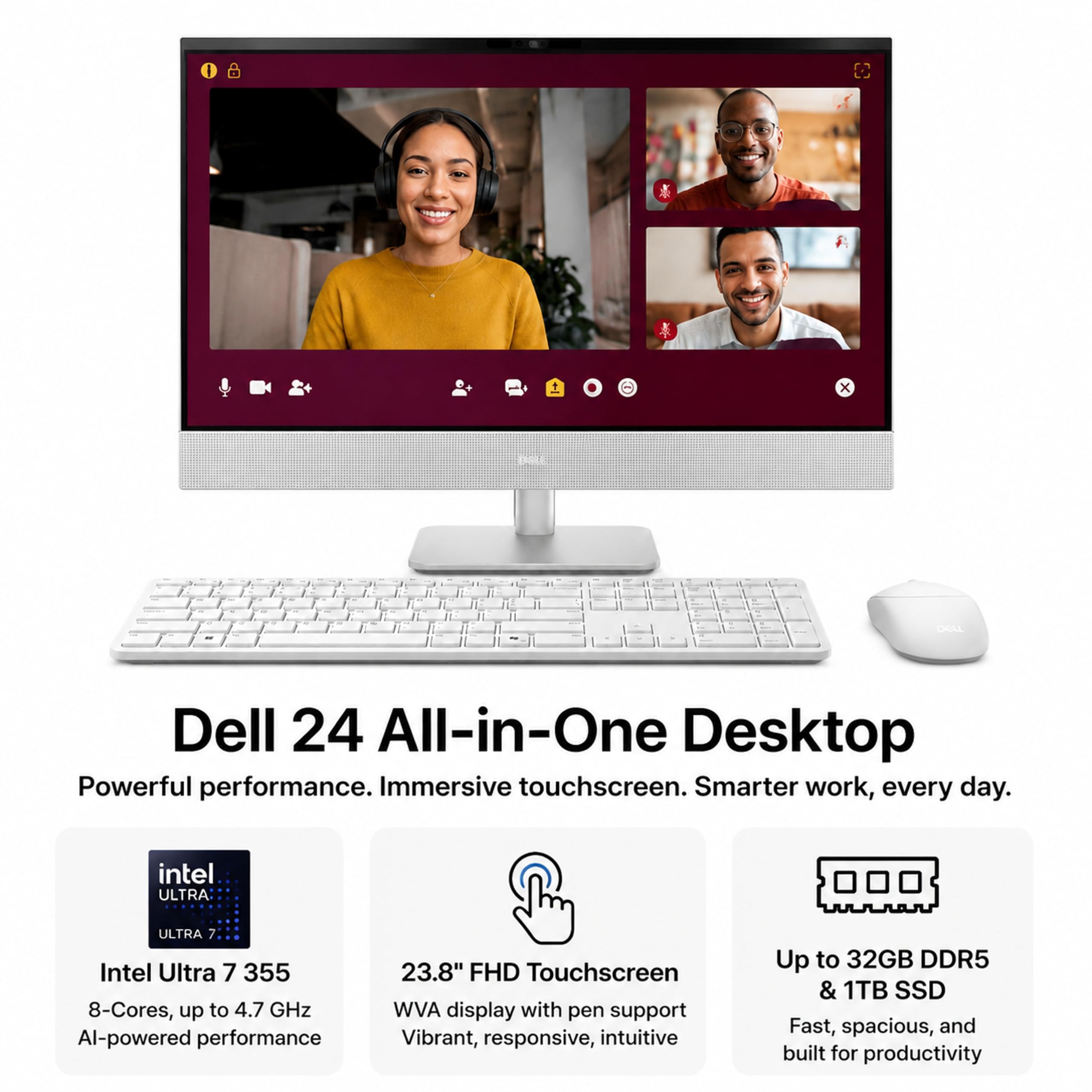 Dell 23.8" All-in-One Desktop Computer, FHD Touchscreen, Intel Core Ultra 7 Series 3 Processor, Copilot+ PC, 16GB DDR5 RAM, 1TB PCIe SSD, Wi-Fi 6E, Bluetooth 5.3, Windows 11 PRO, Wireless KB & Mouse image 3