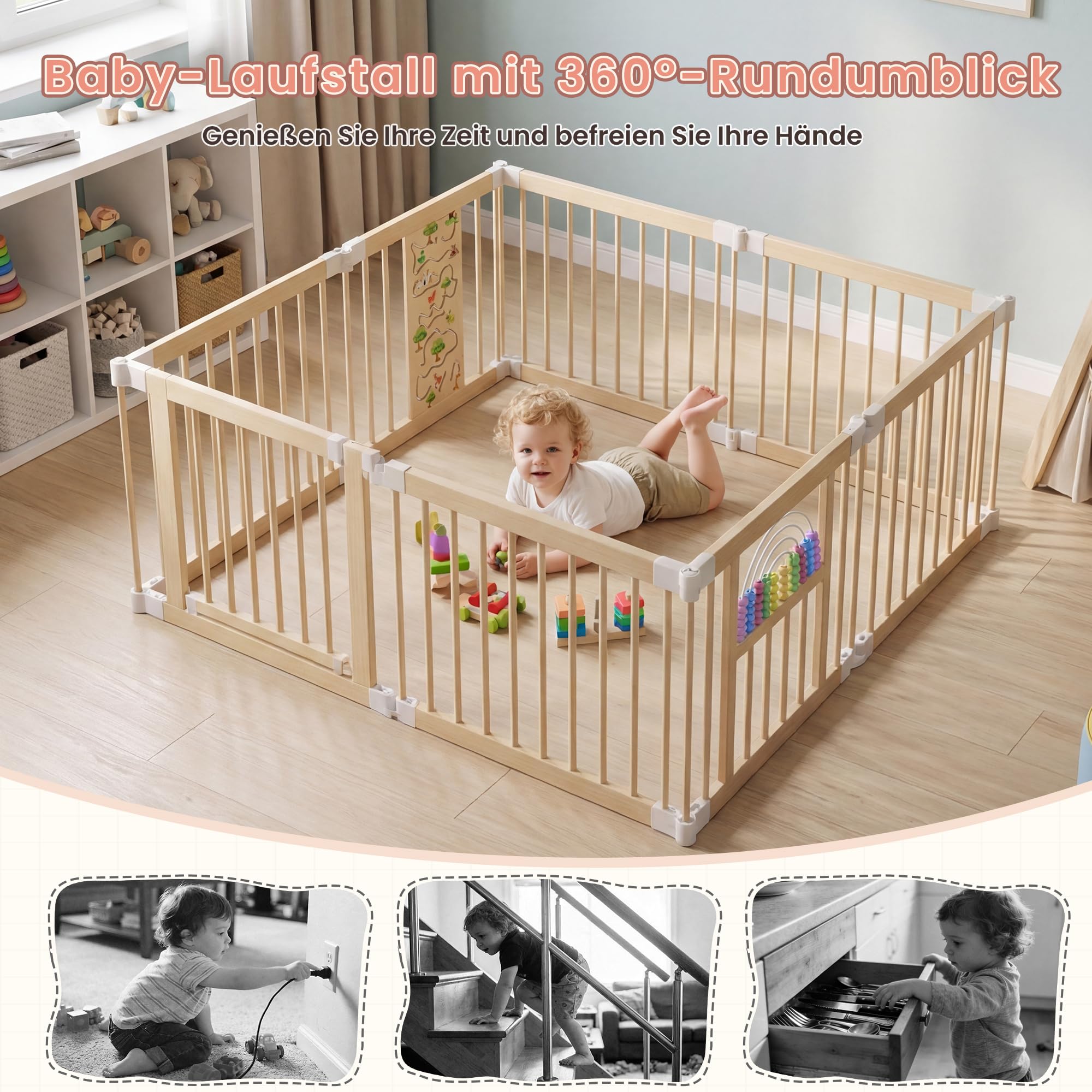 BLEKOO Laufstall Baby Holz mit Spielcenter – 140 x 140 cm Laufstall Baby Faltbar | Verstellbarer Holzlaufstall mit Spielzeug & Tor (8-teilig)