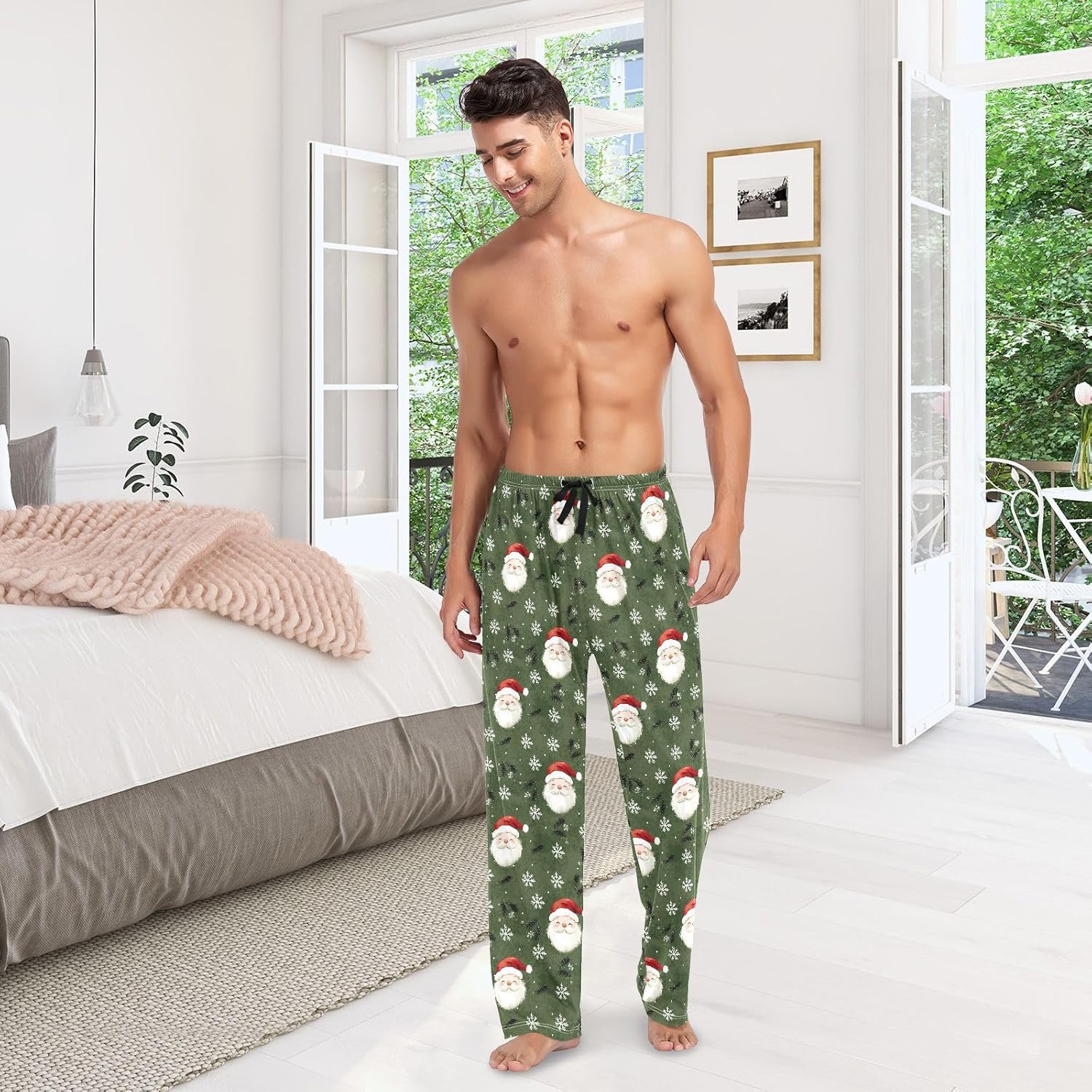 ALAZA Santa Clause Christmas Snowflake Men's Pajama Pants Men Cotton Pajama Bottoms with Pockets, S