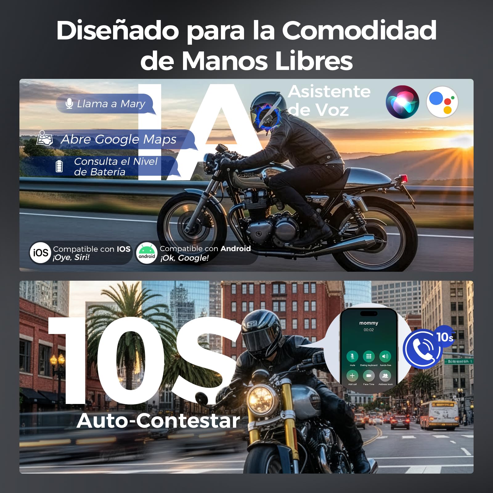 Moman RSC Auriculares Casco Moto, Manos Libres Moto Asistente de Voz Auriculares Inalámbricos HiFi Estéreo Micrófonos Duales Reducción de Ruido 1000mAh/IPX6 Impermeable/Botón Apto para Guantes