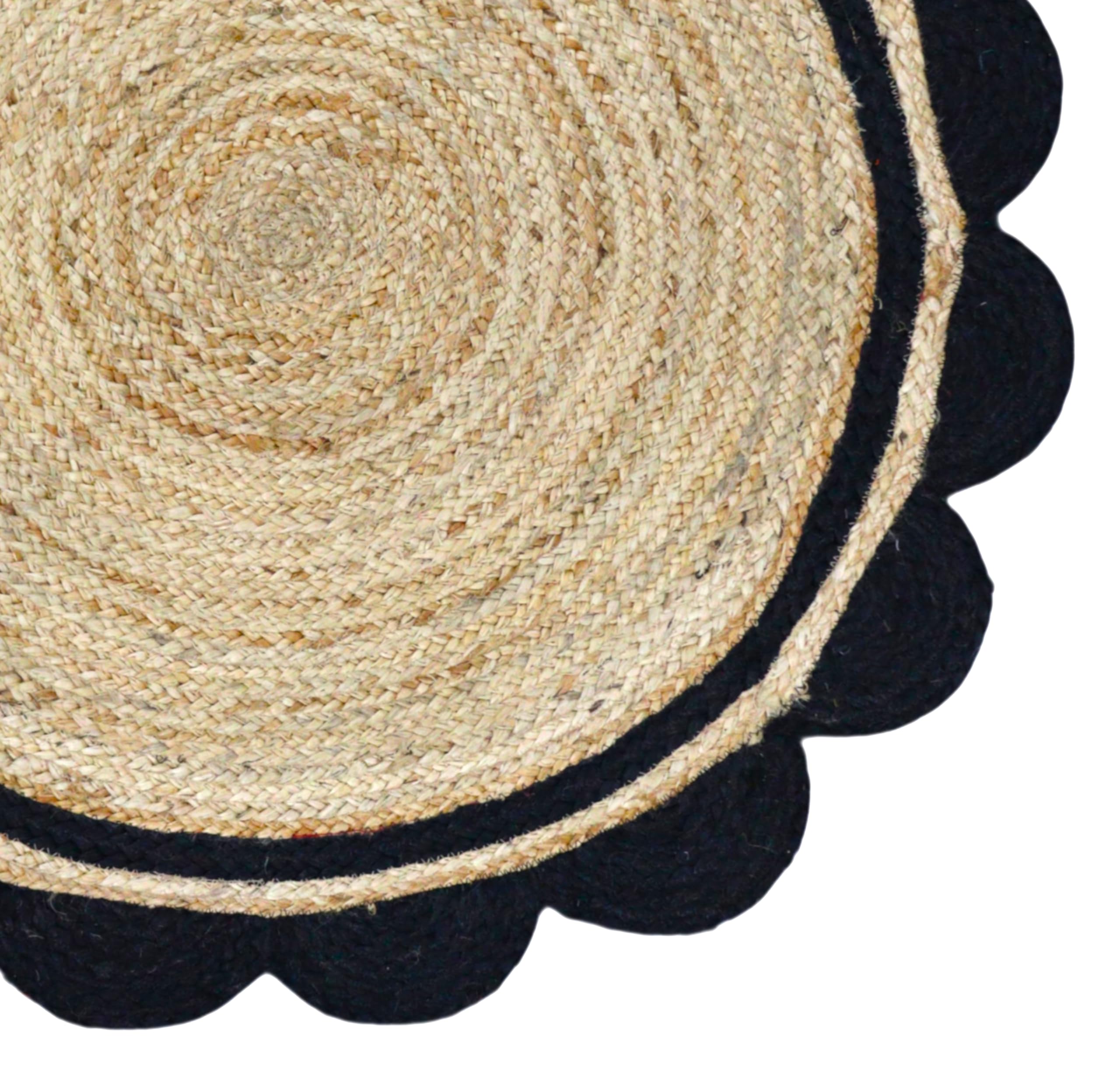Tapis rond festonné en jute naturelle – Tapis tressé tissé à la main, respectueux de l'environnement et durable, décoration style rustique bohème pour salon, chambre à coucher ou entrée