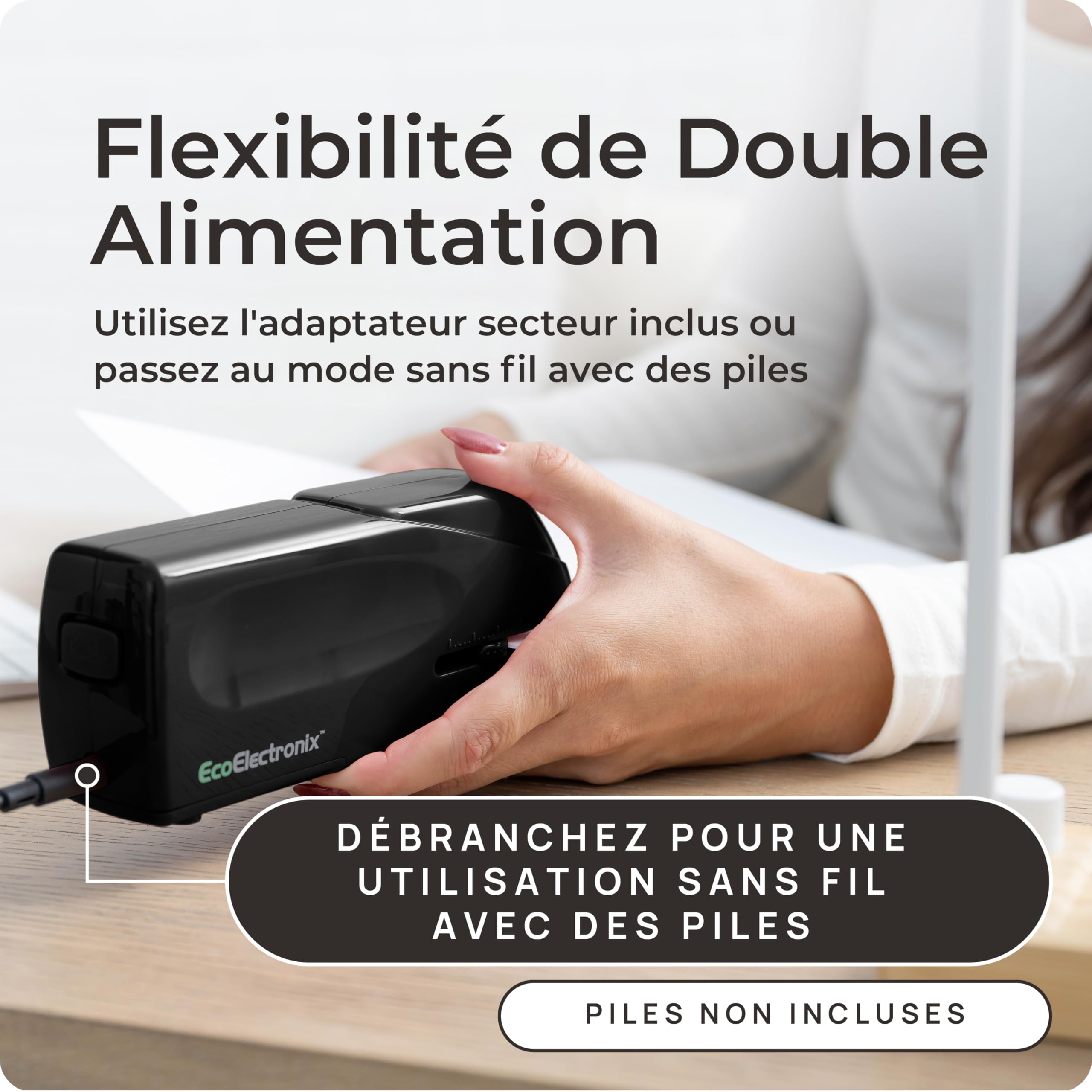 EcoElectronix Agrafeuse électrique automatique portable – Capacité de 30 feuilles, fonctionnement silencieux, sans bourrage et recharge facile – Adaptateur secteur/alimentation par piles (Noir)