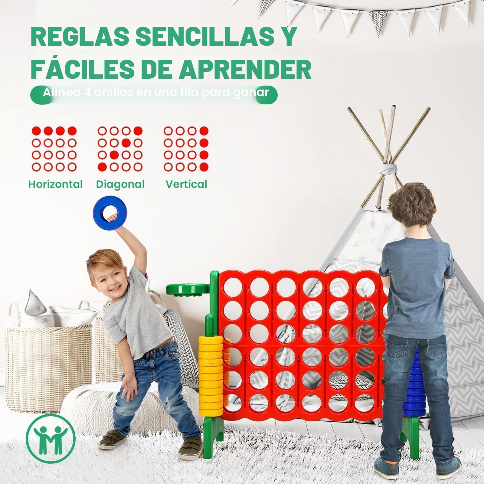 RELAX4LIFE Juego de 4 en Raya para Niños y Adultos, para Exteriores e Interiores, 4 en Raya Gigante, Regalo para niños (84x33x74cm, con Canasta, Pelota, 5 Anillos -C)