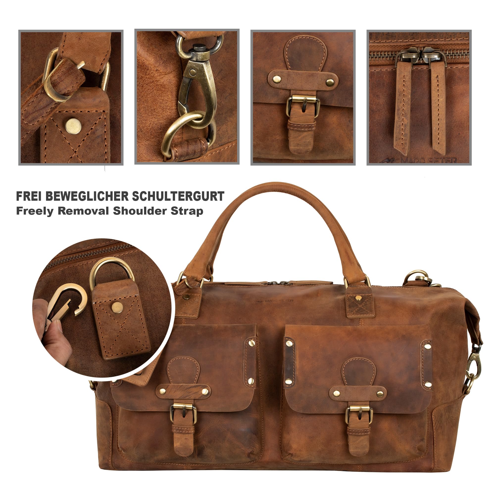 Marc Peter® Keneddy Reisetasche | Herren Vintage Bräune Leder Weekender zum Umhängen Overnight Duffle Bag | Echtes Buffleder Großes XL Reisegepäck Tasche fur Herren und Damen