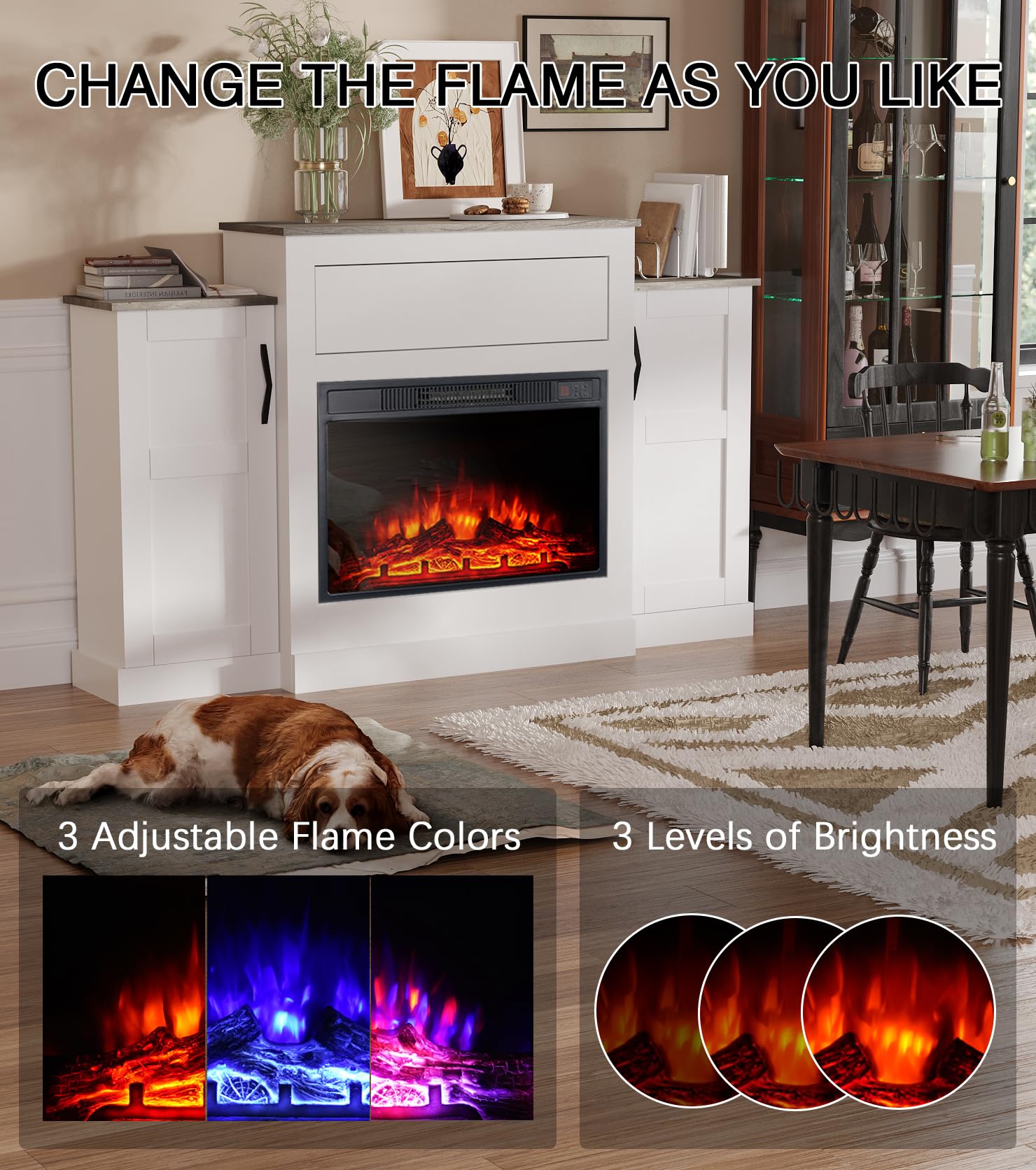 M.C.Haus Elektrischer Kamin TV Stand mit 3 Flammen & 3 Helligkeitsstufen, Timer & Überhitzungsschutz - Geschlossene seitliche Ablagefächer & Push-to-Open Schublade über dem Feuerraum, 150CM