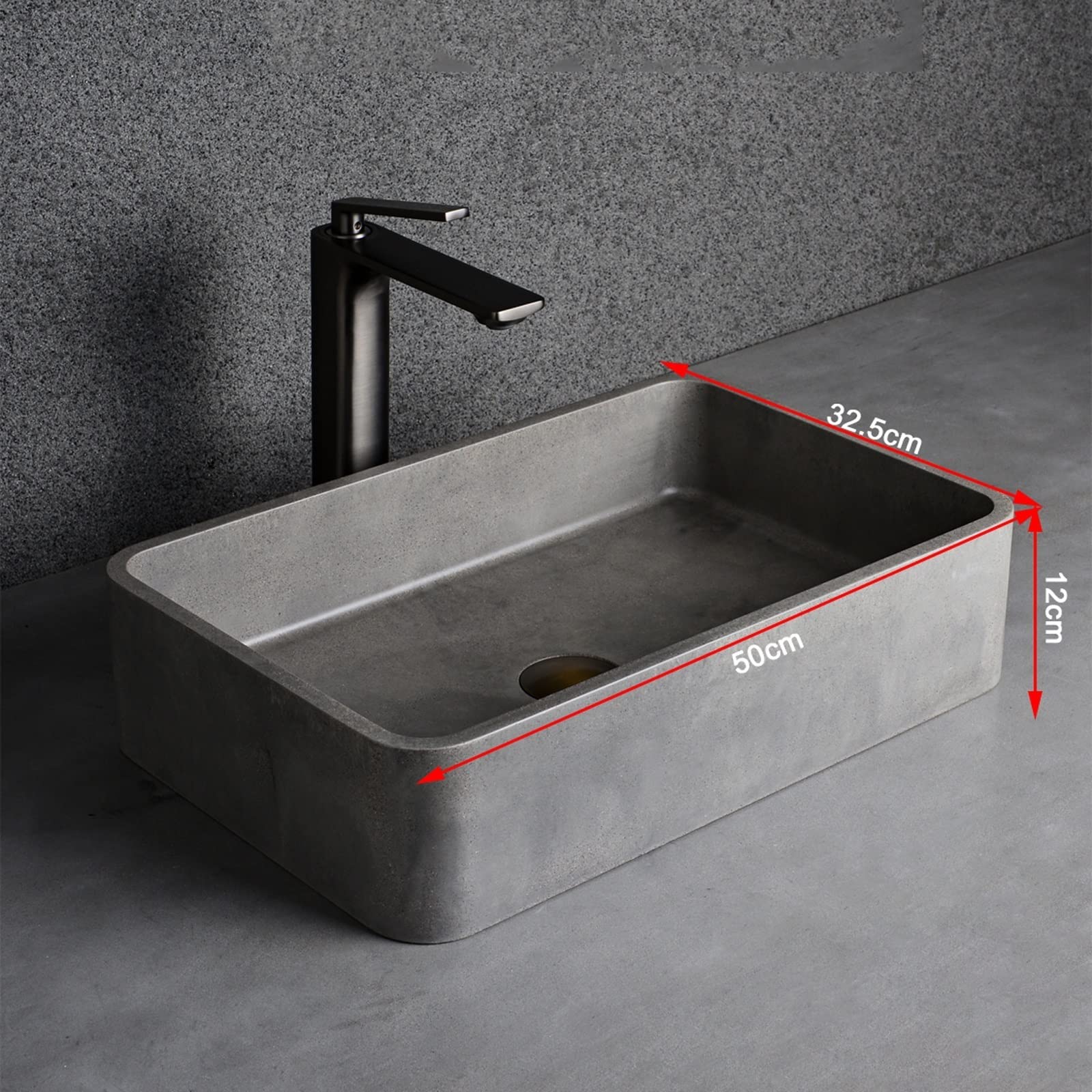 Betonowy zlew łazienkowy, prostokątny zlewozmywak 50 x 32,5 cm, matowe wykończenie pod umywalkę, nowoczesny design blatu, idealny do stylowych aktualizacji łazienki