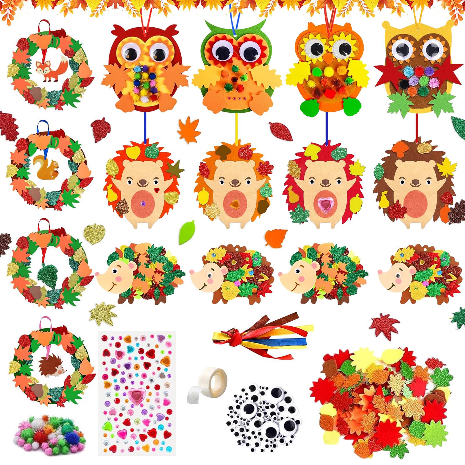 Autumn Craft Kits for Kids, 16 PCS Owl Hedgehog Wreath Peel and Craft Set