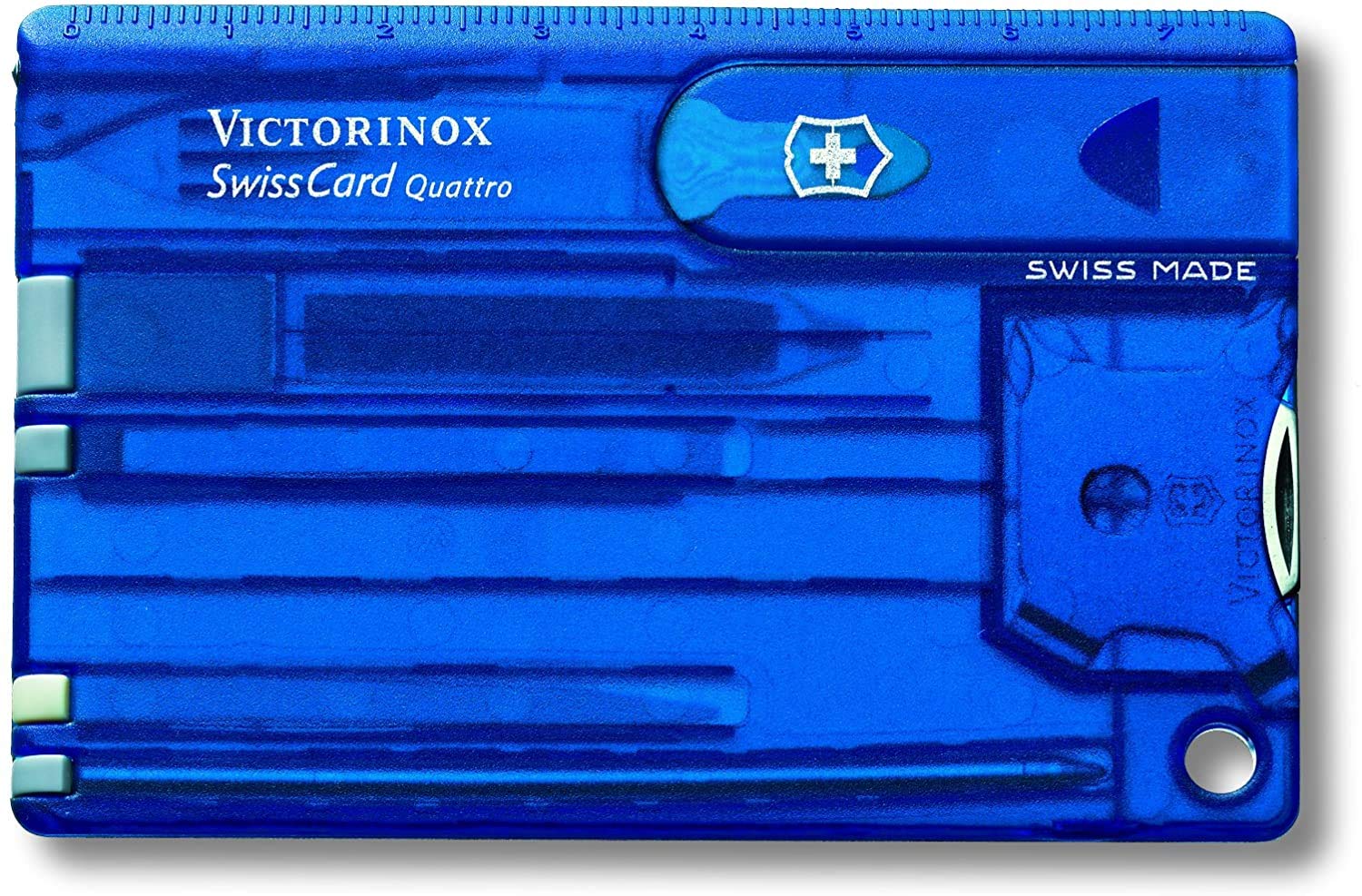 Victorinox Suizo Cartas Quattro Con Impresión Deseada I Regalo para Hombre I Regalos Para Cumpleaños I Suiza Navaja Personalizada 12 Funciones (Azul Transparente)