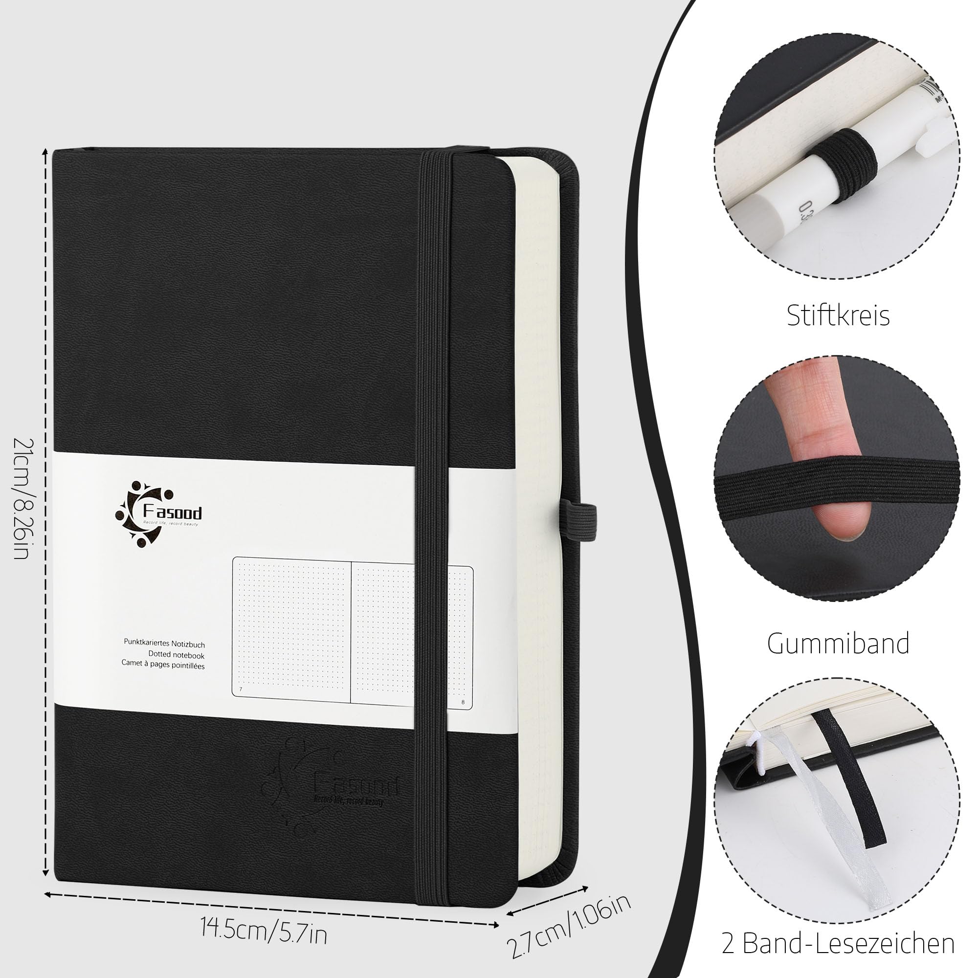 Notatnik w formacie A5, w kropki, twarda oprawa, 320 stron, gruby papier 100 g/m², okładka ze skóry PU, wielokolorowe zakładki, kieszenie wewnętrzne, do prowadzenia dziennika