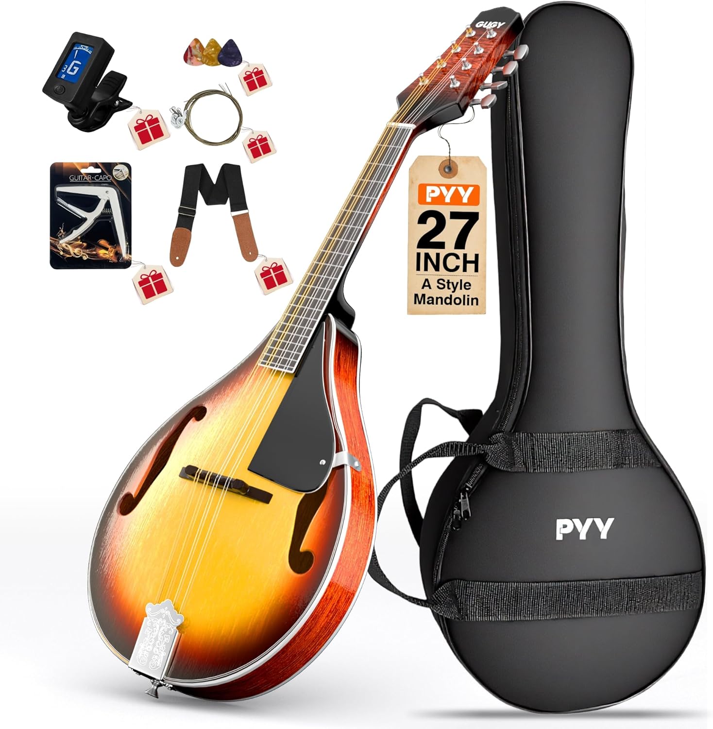 pyy mandolin instrument - a style 8-strings mandolin musical instrument 27 inch mandolins for adults, beginners starter kit with gig bag, spare strings, digital tuner, capo, 3 picks, strap