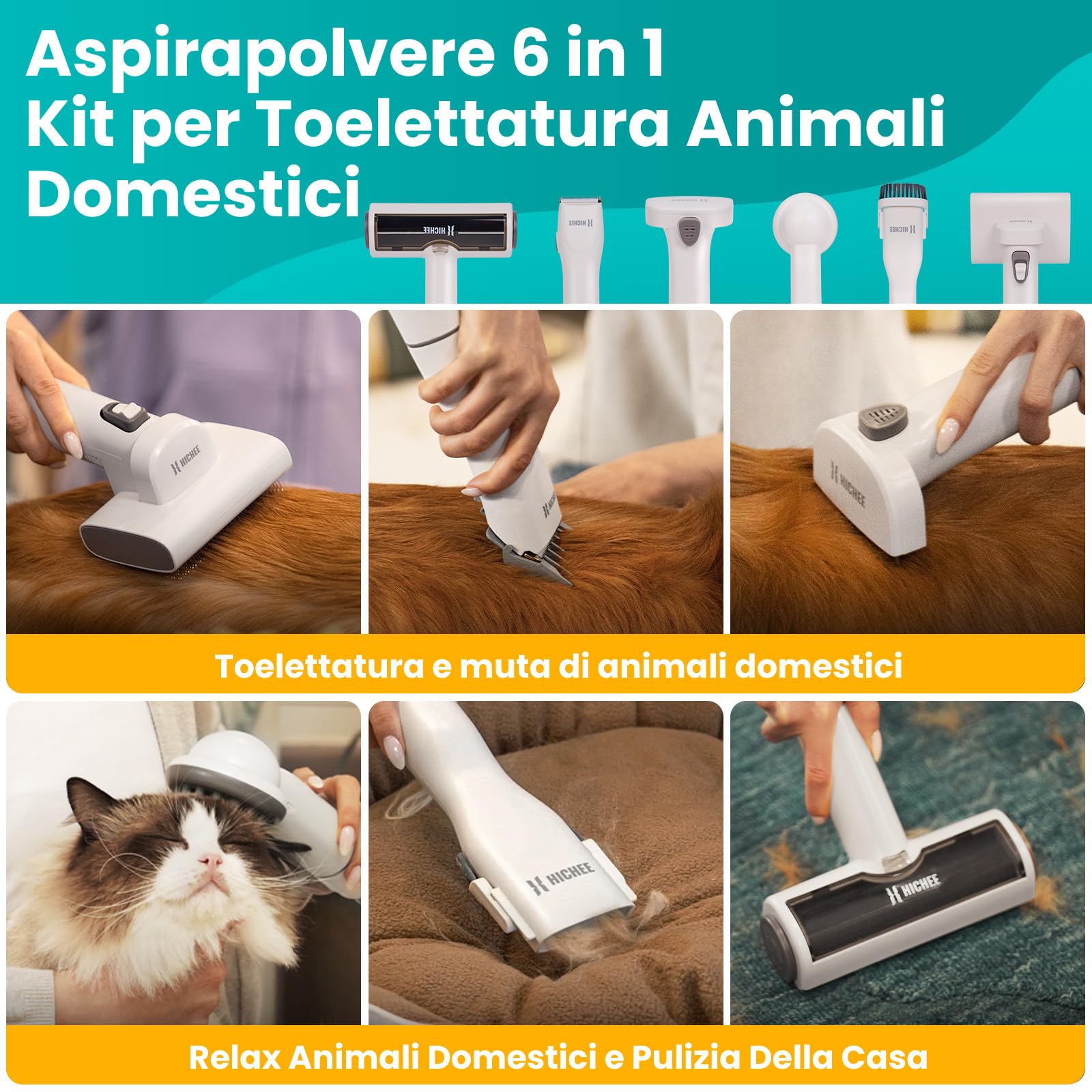 HICHEE Tosatrice per Cani con Aspirapolvere, Aspirapolvere per Animali Domestici 13000 Pa (2,5 L), con 6 Accessori per Toelettatura, Silenzioso