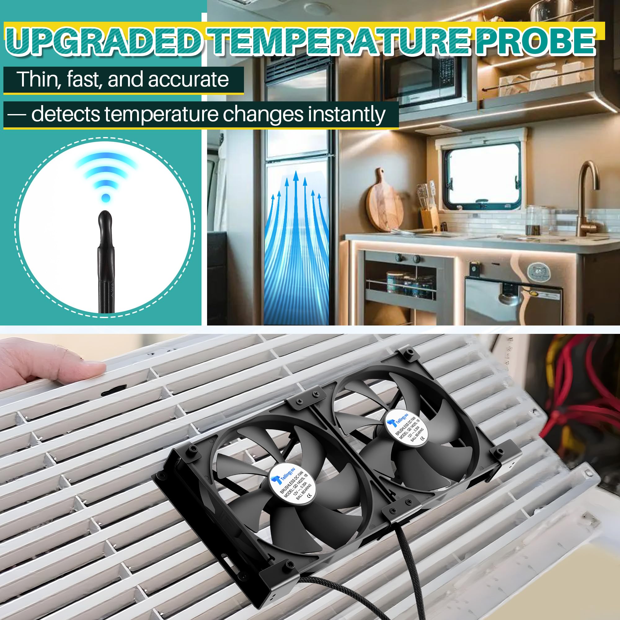 Ventilador de refrigeración de ventilación para refrigerador RV de 12 V de 5.5 pulgadas (140 mm), soportes personalizados para rejillas de ventilación laterales de RV americanas, ajustes de