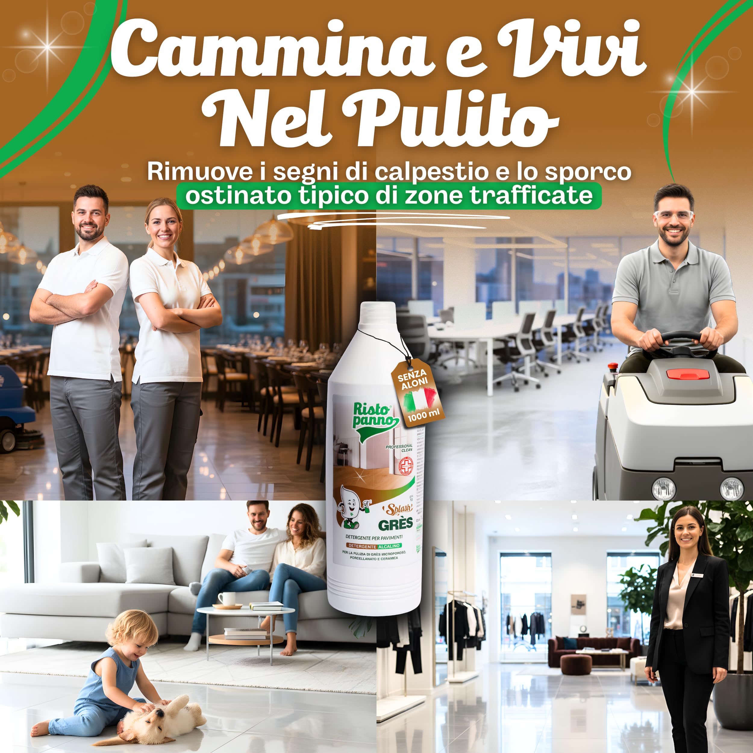 4PZ x 1L Lavapavimenti Professionale Alcalino - Formula pH 18 | Detergente per Grès Porcellanato e Ceramica - Azione Sgrassante - Uso Manuale e Lavasciuga - Prodotti Pulizia SPLASH GRES
