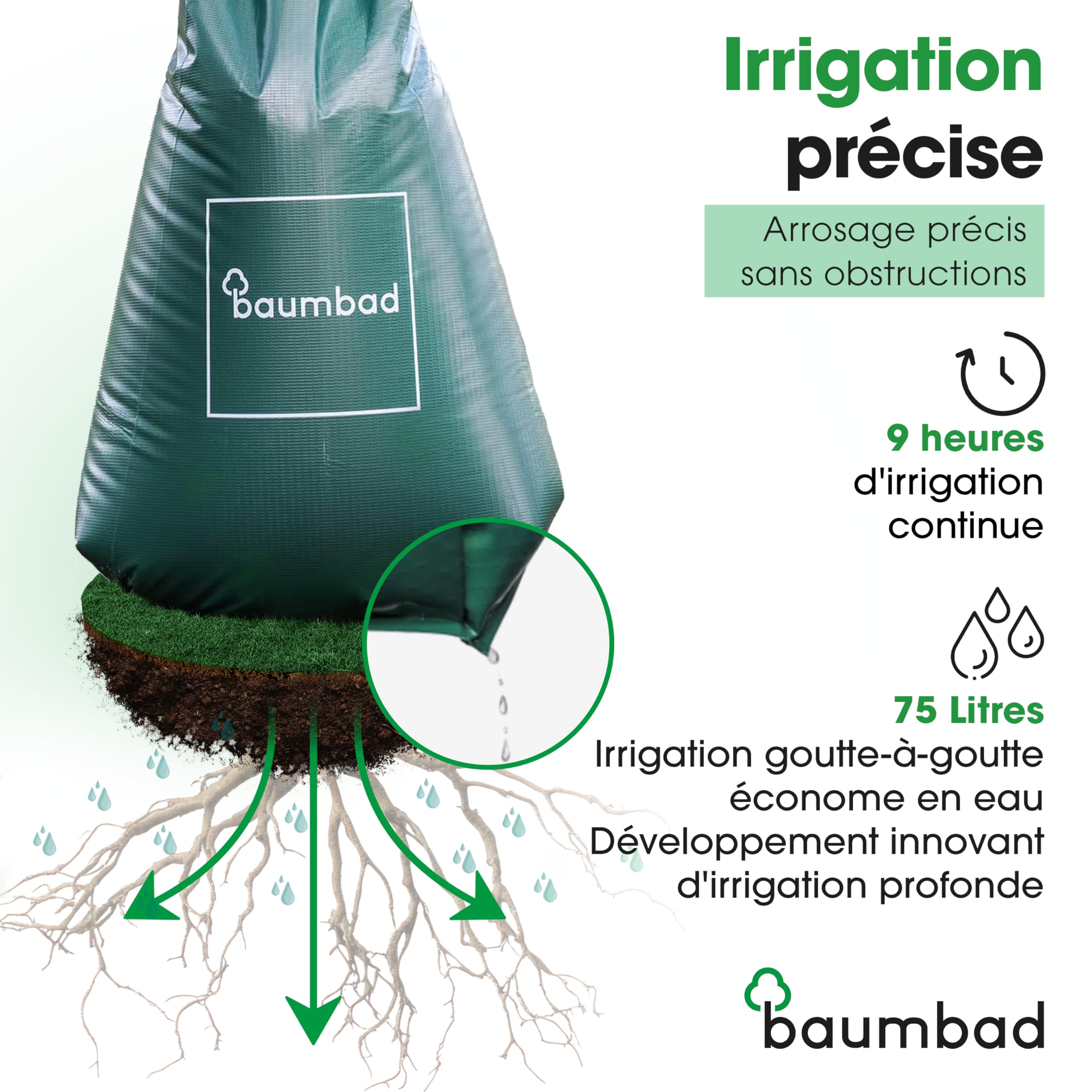 baumbad | 1 sac d'irrigation pour arbres pour un système d'irrigation à long terme | Sac à eau robuste de 75 litres/sac d'irrigation, en PVC résistant aux UV, support de plantes pour les étés chauds