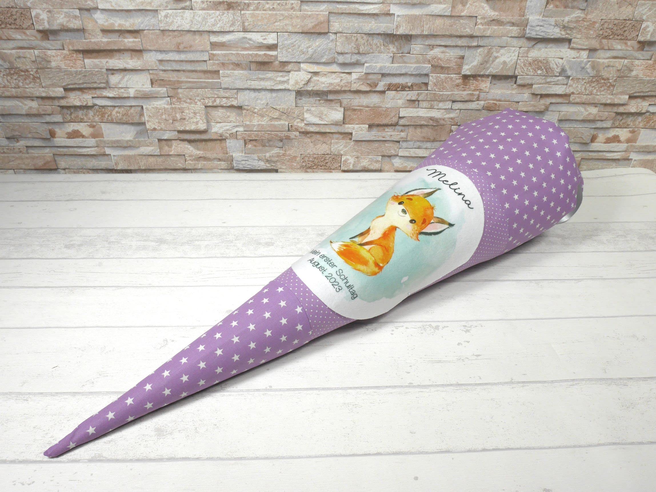 Schultüte aus Stoff flieder mit Name Fuchs Zuckertüte 70cm oder 85cm lila