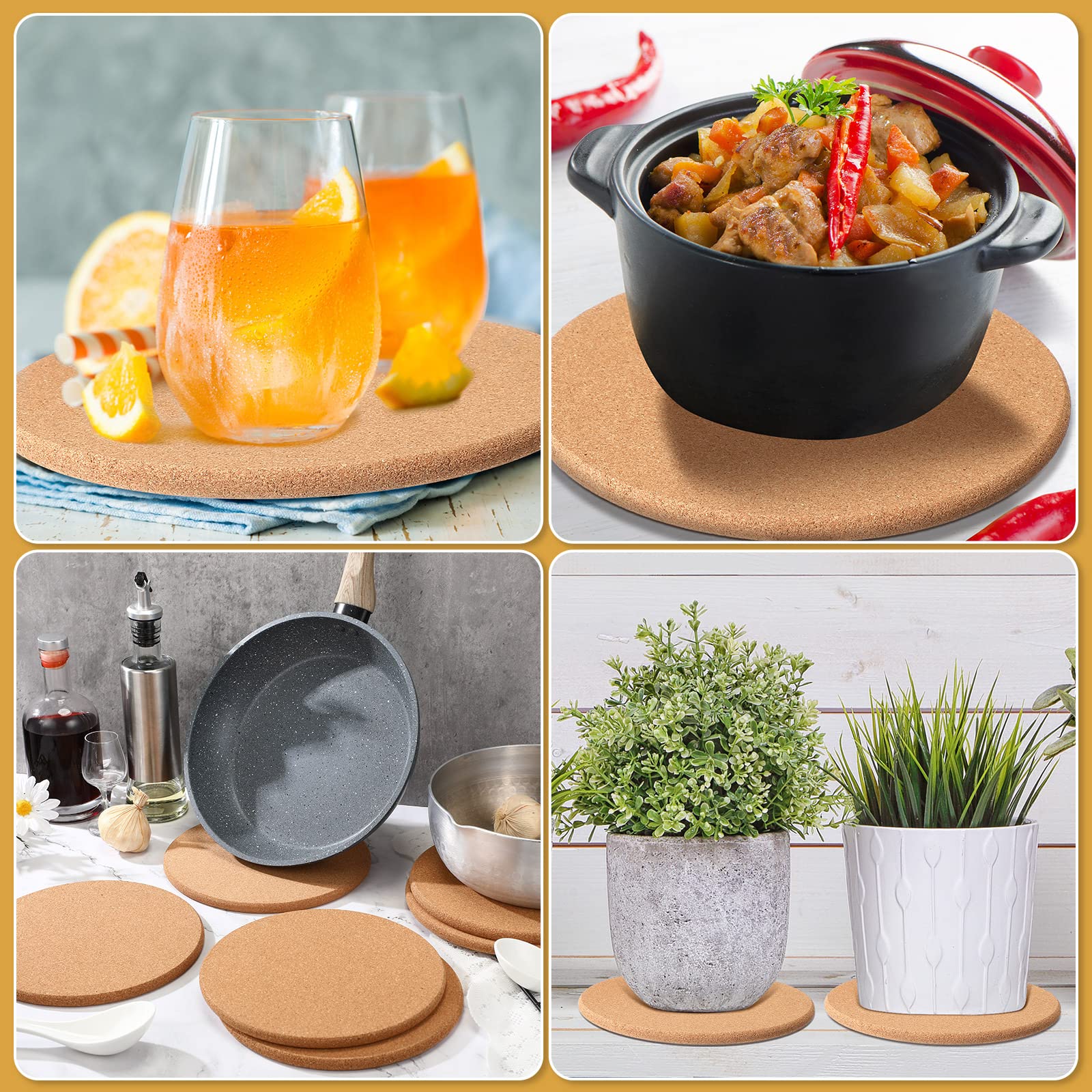 Paquete de 16 salvamanteles de corcho de 8 pulgadas gruesos para platos calientes y ollas calientes, resistentes al calor, multifuncionales, almohadillas calientes para encimera de mesa