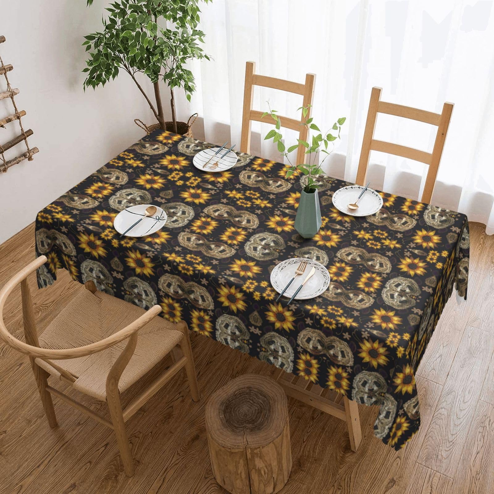HLSBSSL Cute Panda Sunflower Patterned square lace tablecloth, wrinkle-resistant and durable, suitable for dining tables, parties, etc.