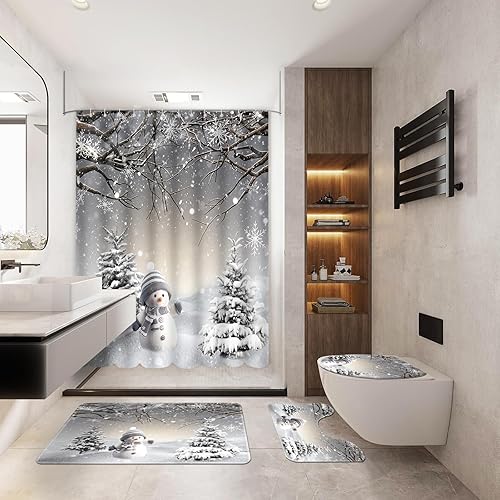 Miniatura 9 de MEHOFOND Juego de 4 cortinas de ducha de Navidad, juego de cortina de ducha de Navidad con diseño de búfalo rojo, juego de baño con cortina de ducha