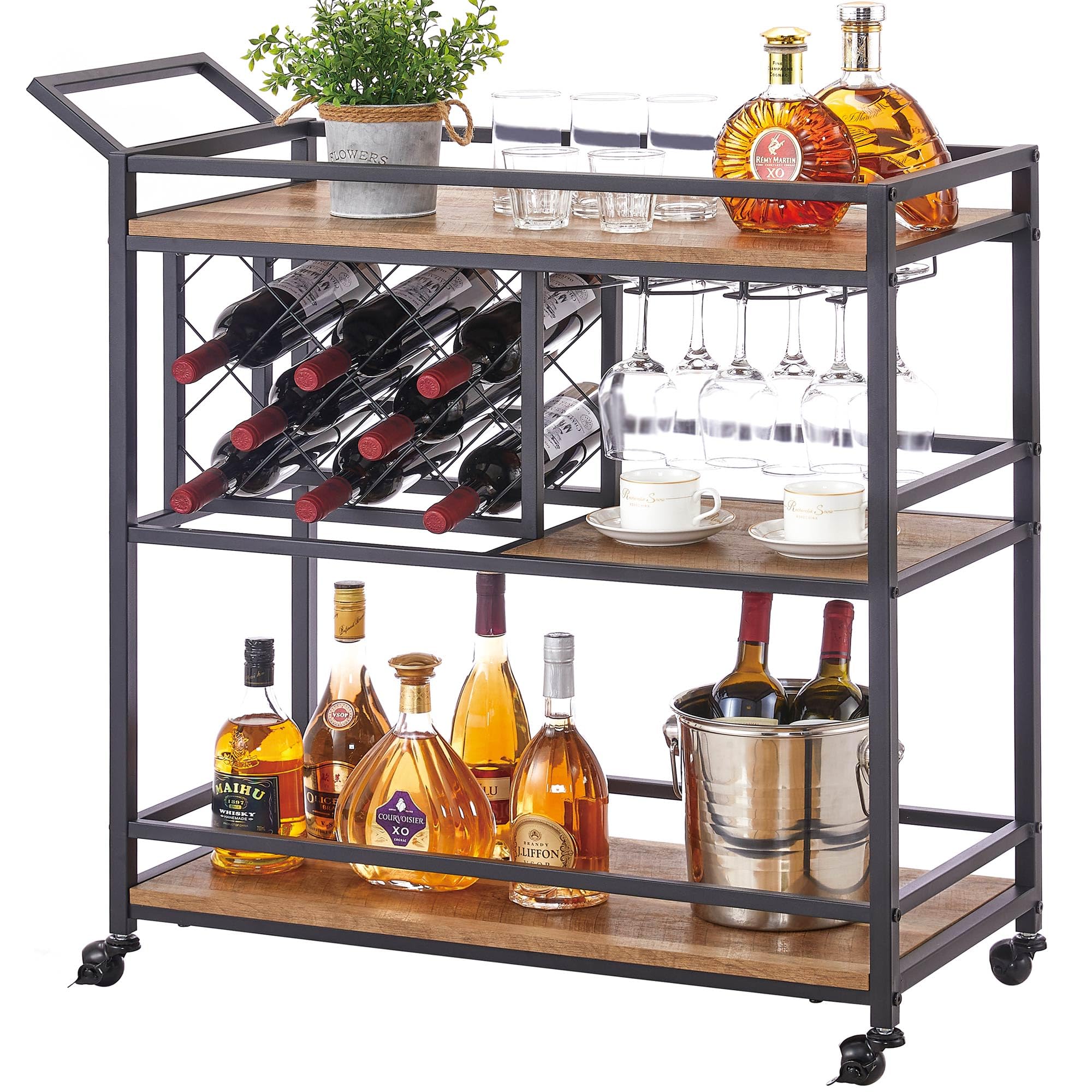 FATORRI Bar Cart for The Home, Rolling Wine Carts on Wheels with 3 Tier Wood Shelves, Liquor Beverage Cart with Wine Rack and Glass Holder (Rustic Oak