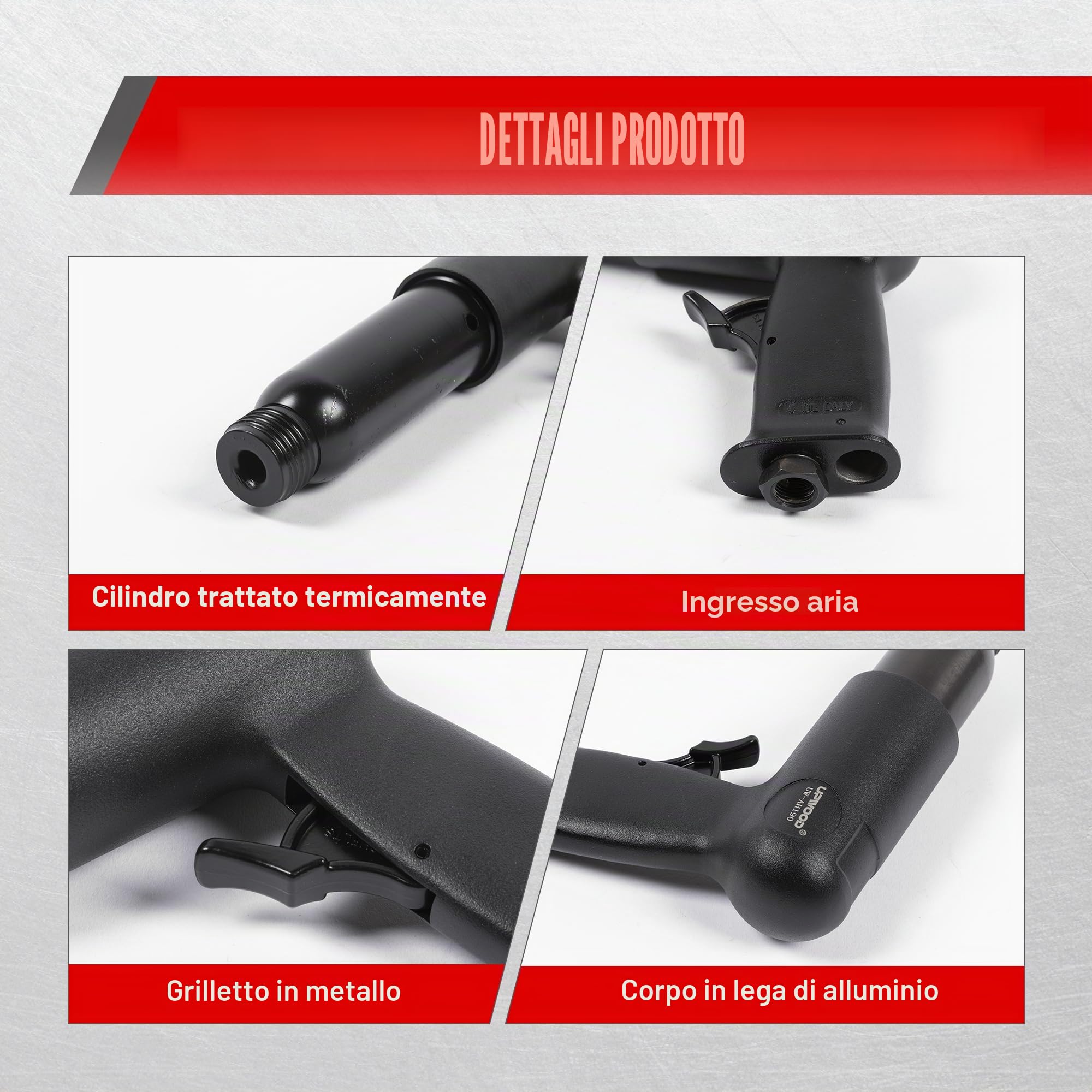 Kit martello pneumatico a canna lunga UW-AH250 con fermo a cambio rapido e 5 scalpelli, corsa 3-5/8 pollici, 2200 BPM, peso leggero (AH250P - canna lunga)