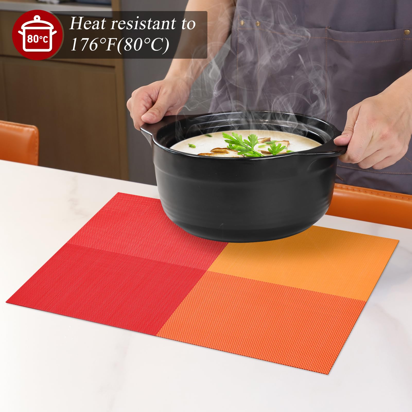 SueH Design Abwaschbar Tischsets 8er Set, Gewebte Platzsets 45x30cm, Rot | Waschbar Platz-Matten Vinyl Platzdeckchen, Rutschfest Abgrifffeste Hitzebeständig Antifouling, für küche Speisetisch Hotel