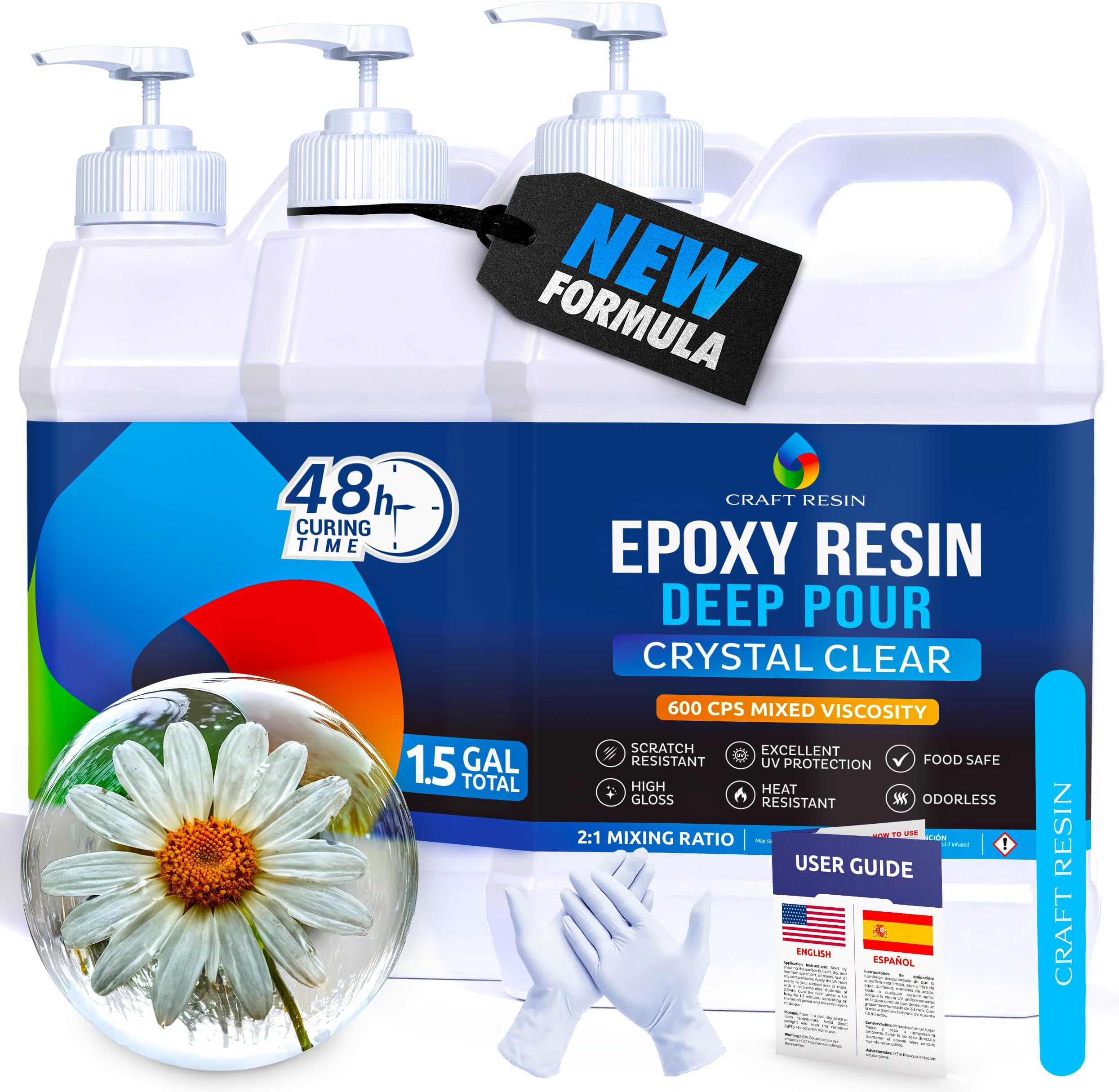 CRAFT RESIN Deep Pour Epoxy Resin Kit 1.5 Gallon – for 2” Pours, Casting Resin Epoxy for River Tables, Wood, Flower Preservation & DIY Crafts – Crystal Clear & Bubble Free, UV Resistant & Food Safe
