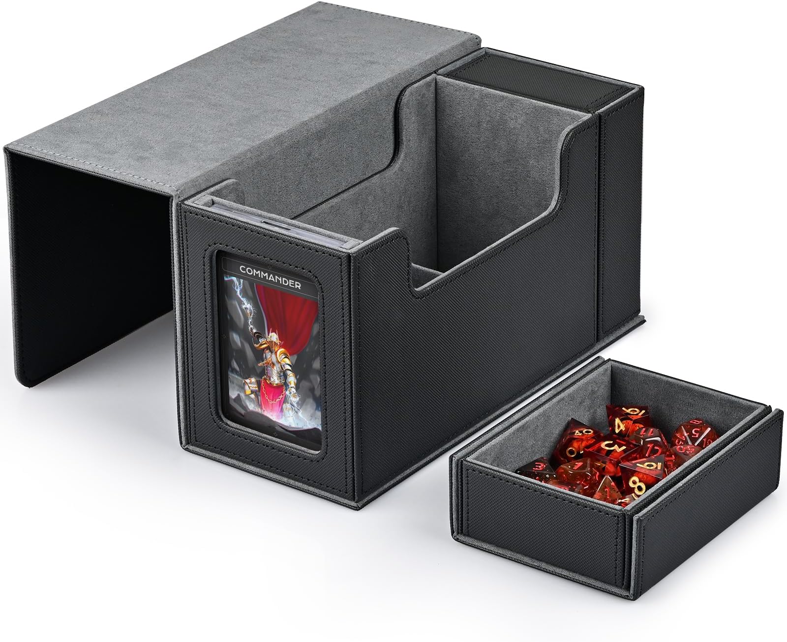 ZLCA Card Deck Box with Display Window,MTG Commander Deck Box Fits 200 Double-Sleeved Cards with Dice Tray & 35pt Magnetic Card Holder-Black&Grey
