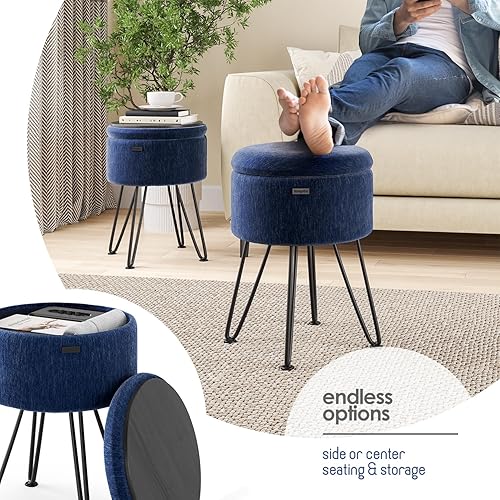 Miniatura 4 de STORAGEBUD Otomana redonda con almacenamiento, otomana de almacenamiento de terciopelo texturizado, otomanas taburete para pies, taburete de