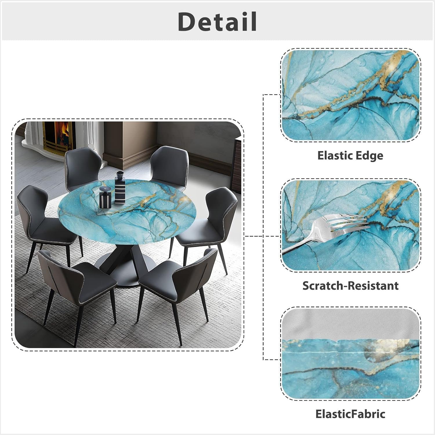 ALAZA Fitted Round Tablecloth with Elastic Edge Wipe Clean Teal Turquoise Marble Table Cloth for Outdoor/Indoor Use,Fits Round Tables 48"-56" Diameter,Large