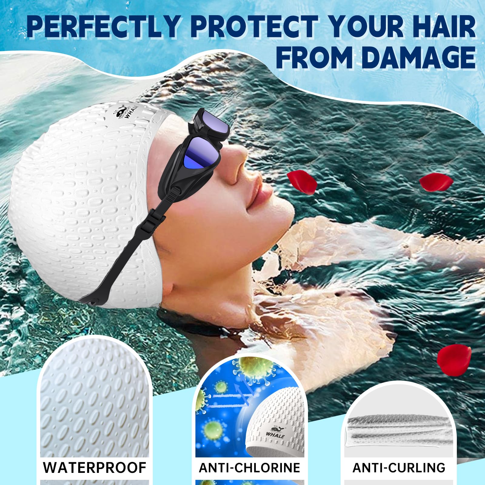 Große Badekappe, langlebig, Silikon, wasserdicht, ideal für langes Haar und dicke Zöpfe, hält das Haar trocken, Badekappe mit Ohrstöpseln, Nasenklammer-Set