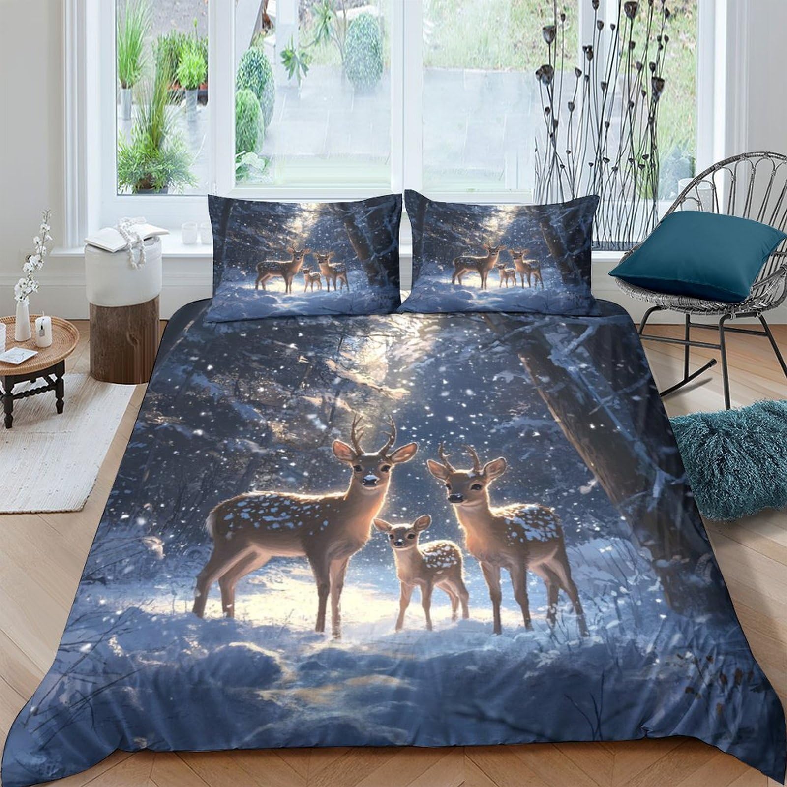 Ctjqhvkz Style-9 3D Printed Forest Deer Fitted Sheet Microfiber Soft Blue Woodland Mattress Cover For Bedroom Living Room Decor Single（135X200cm）