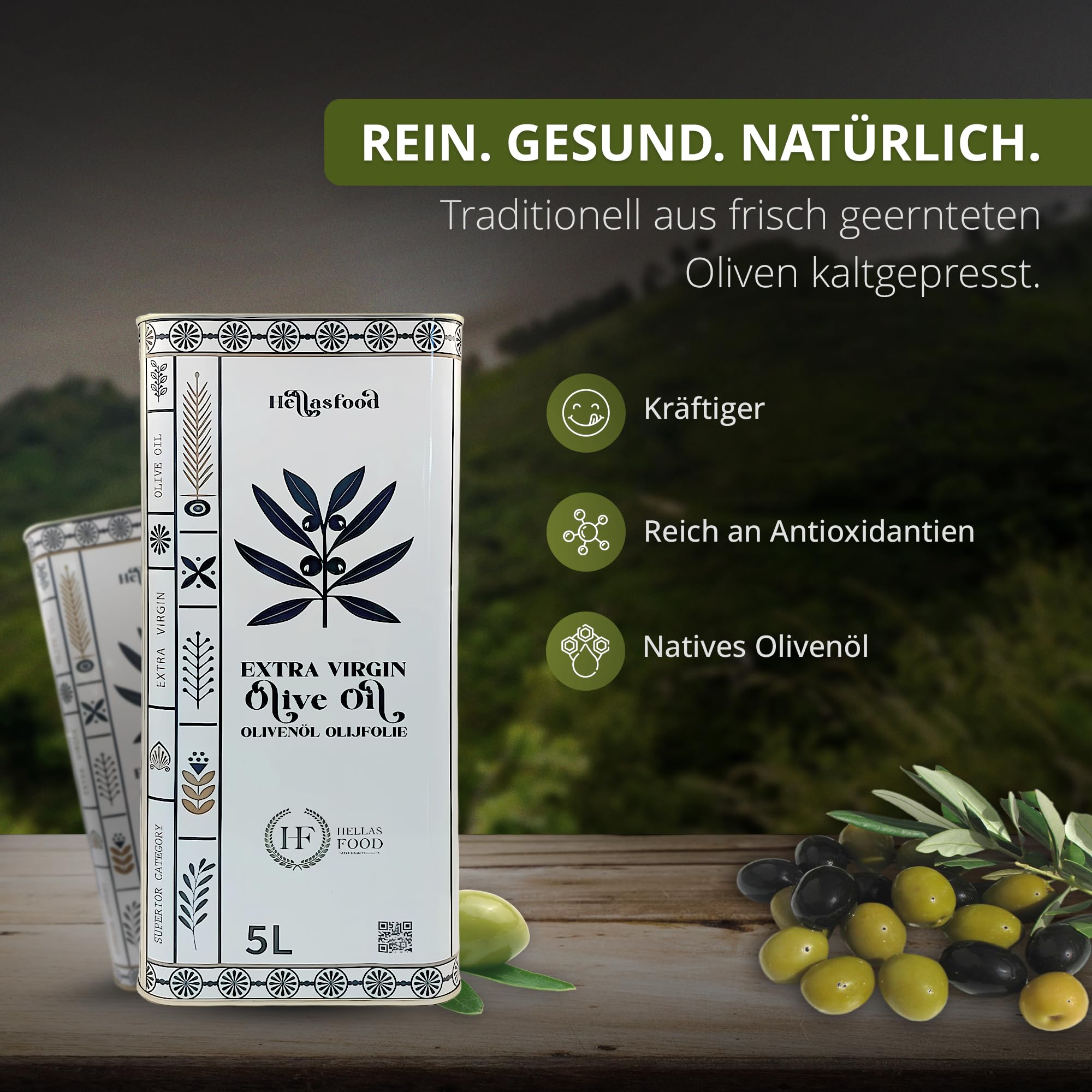 Hellas Food Extra Natives Olivenöl 5 Liter – Kaltgepresst – Premium Blend aus Peloponnes – Fruchtiges Aroma – Reich an Antioxidantien – Ideal zum Kochen & für Salate