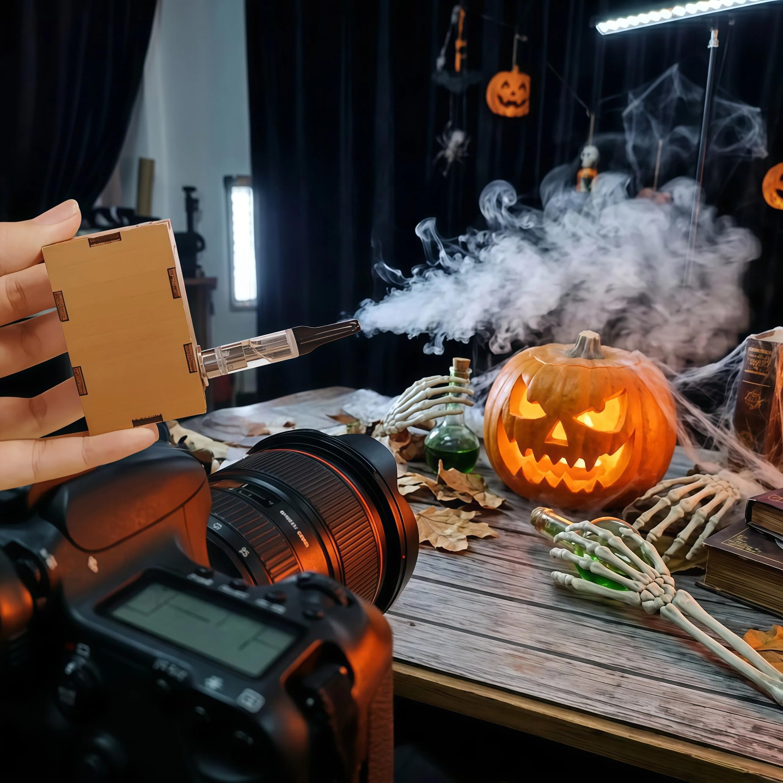 Mini máquina de humo portátil de mano con control remoto, kit de nebulizador de madera inalámbrico para fotografía, video, cosplay, accesorios de peinado de alimentos, incluye funda de transporte y