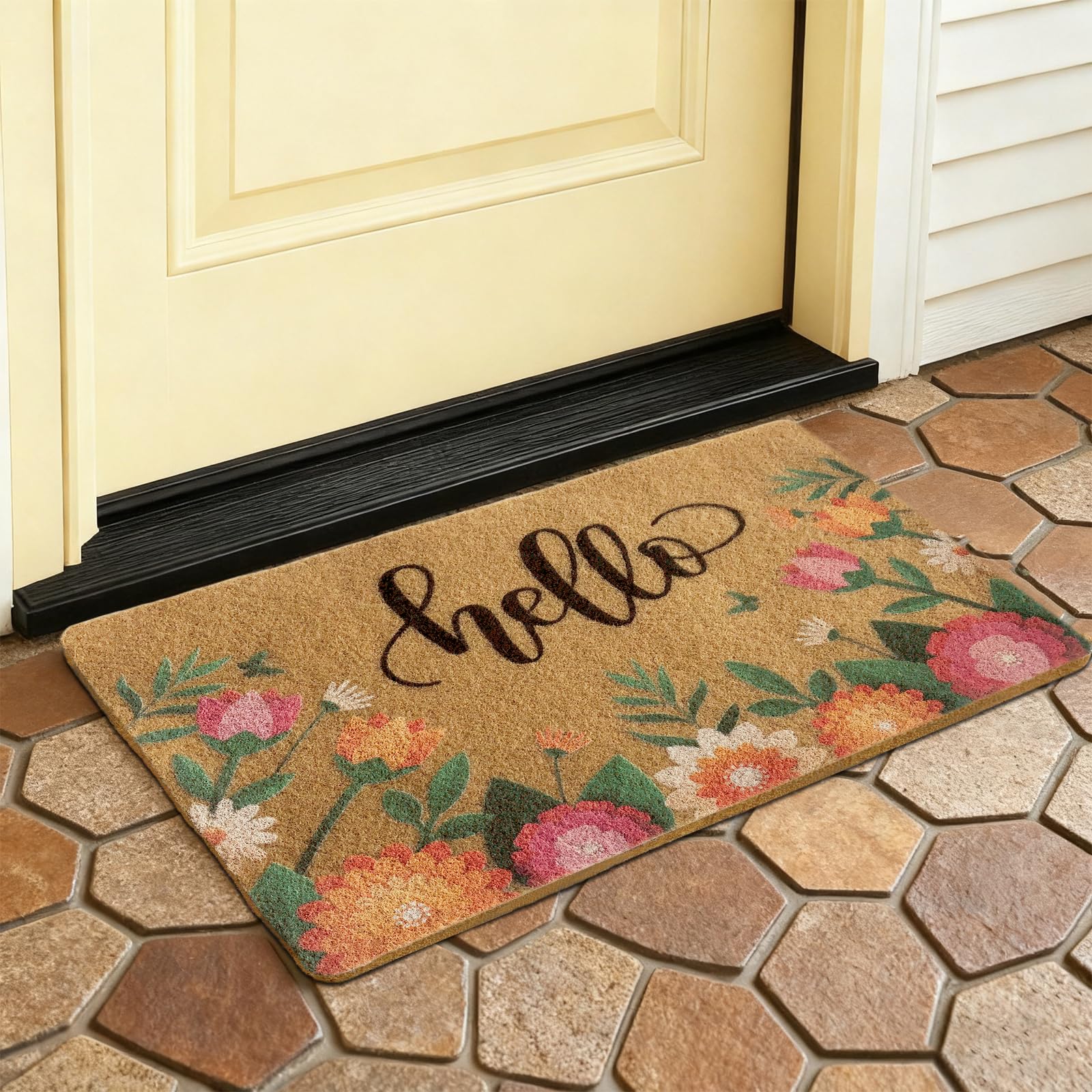 Door Mat Indoor Outdoor Entrance, 60 x 40cm Faux Coir Front Door Mats with Thick Bristles, Decorative Colorful Spring Flower Doormat Inside, Non Slip Outside Welcome Rug for Door Decor, Small
