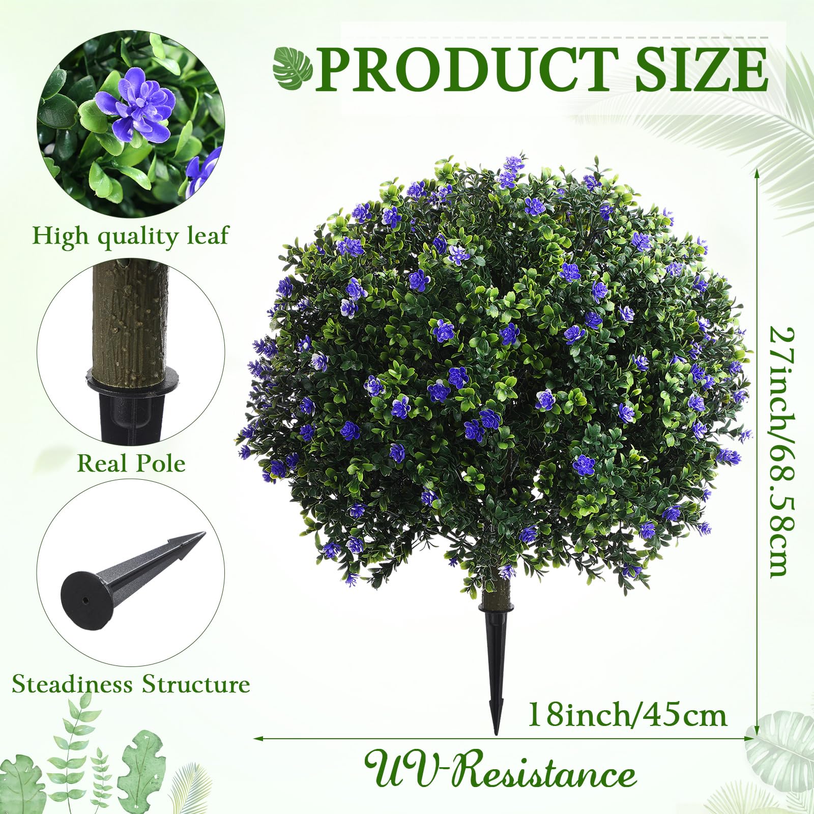 Yunlly Set of 2 Artificial Boxwood Topiary Ball Tree 27 Inch Outdoor Boxwood Balls with Flower Faux Bush, UV Resistance Fake Shrub Plant with Spike for Garden Porch Patio Decor(Purple,27x18inch)
