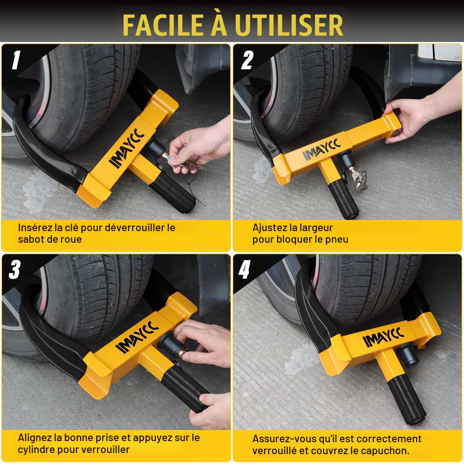 IMAYCC Sabot de roue antivol avec 10 trous de réglage et noyau en cuivre - Serrure de sécurité pour pneus de 19 à 32 cm de large - Pour caravane, camping-car
