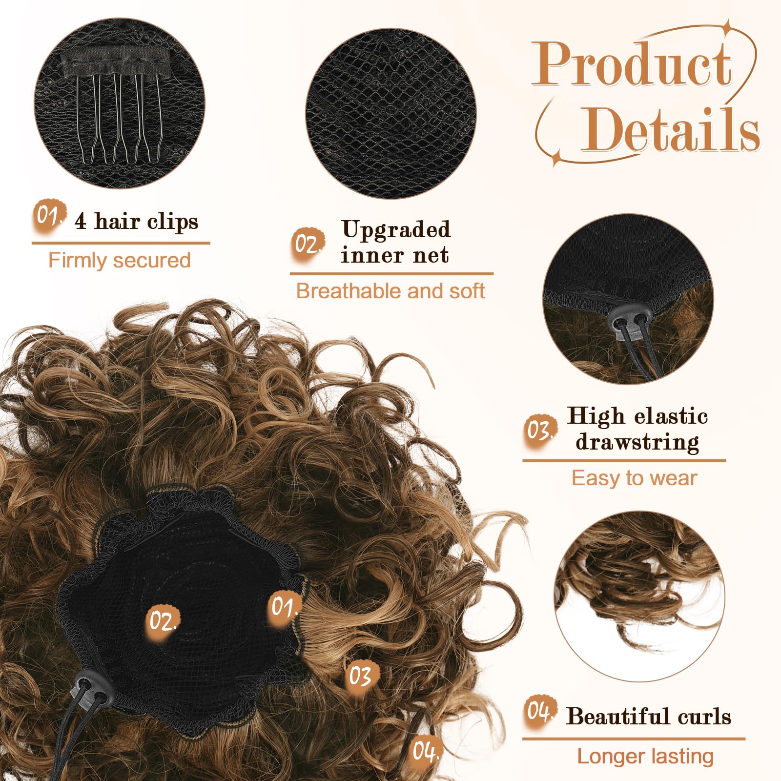 RUWISS Messy Bun Short Curly Drawstring Ponytail Extension Loose Hair Bun Hair Pieces for Women High Temperature Synthetic Hair Bun Extension 85g Brown Mixed Dark Blonde - Image 3