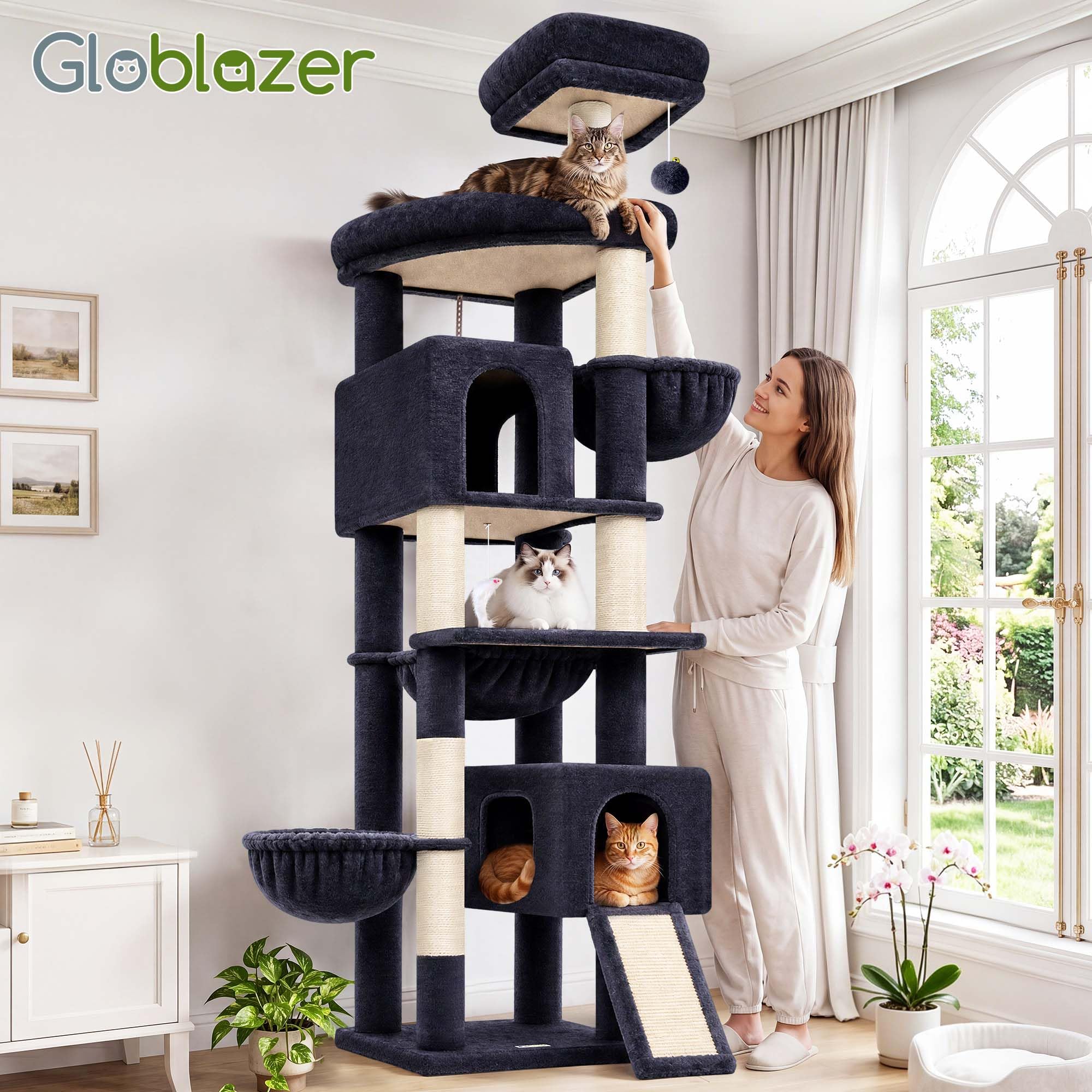 Globlazer Árbol Rascador XXL 209 cm para 2/3/4 Grande Gatos Interiores F82C | Estabilizar Árboles de actividades para gatos con Hamaca Rampa de sisal para Gatitos Gatos adultos Gatos mayores