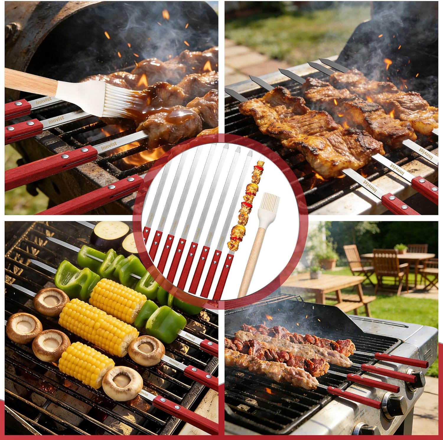 10 PCS 23.6" Flat Stainless Steel Skewers, Metal Barbecue Skewers with Wooden Handles and Silicone Brush, Reusable Long Shish Kabob Skewers for Grilling for Koobideh Persian Picanha Brazilian