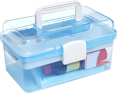 Miniatura 6 de MyGift Caja de almacenamiento de plástico de 10 pulgadas con bandeja extraíble, organizador de manualidades azul y caja de almacenamiento de arte,
