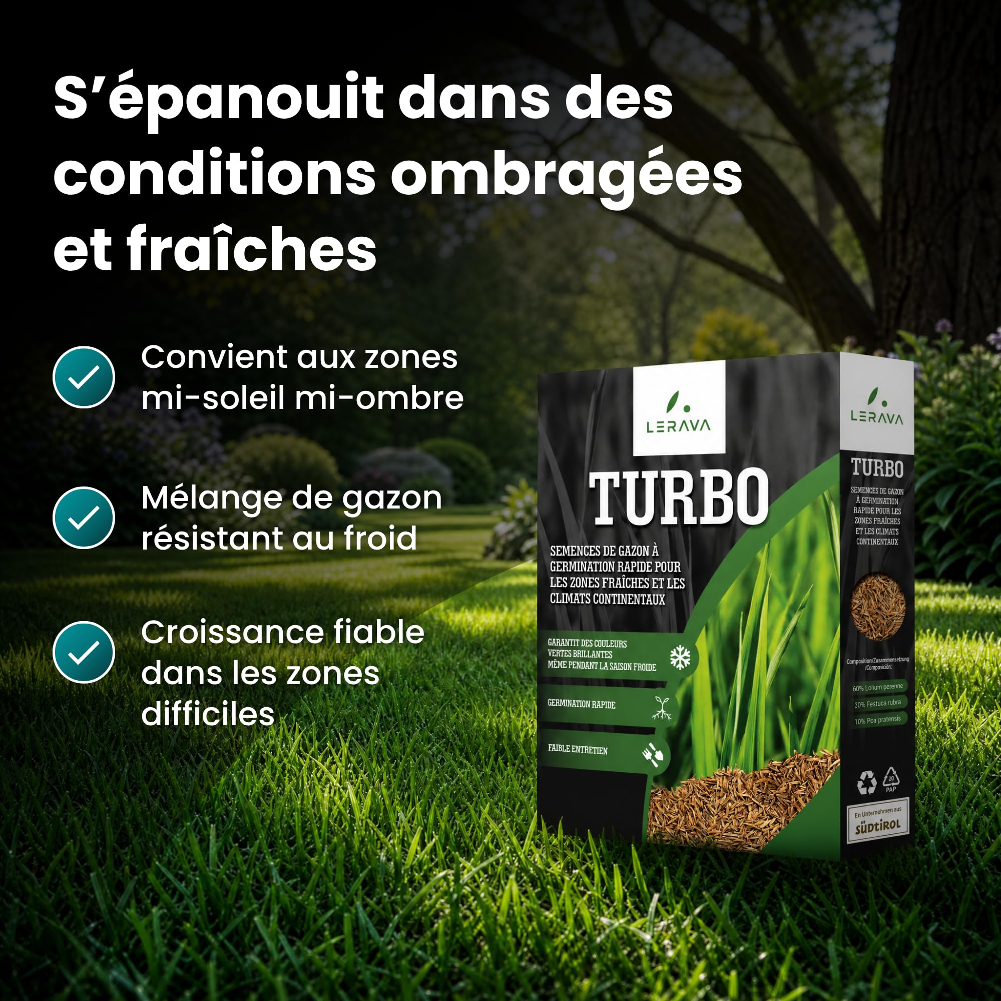 LERAVA Turbo gazon à semer pousse rapide 10m² pelouse ombre zones fraîches 98% pureté rustique vert vif semence résistante
