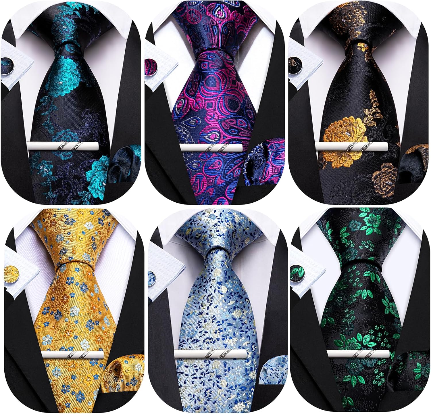 Barry.Wang 6 PCS Men Ties Set Silk Business Fashion Woven Necktie Handkerchief Cufflinks Paisley Stripe Wedding Party