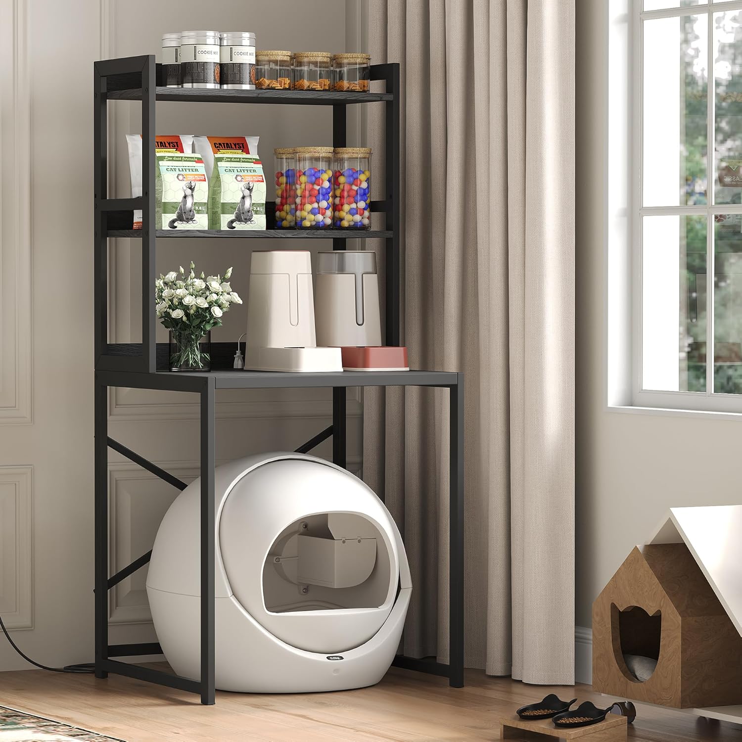 Heybly Litter Box Enclosure, Wooden Cat Litter Storage Shelf Furniture for Self-Cleaning Robot 3 & 4, Large Litter Box Robot with Charging Station for Smart Litter Box Size, Black HCLB001BK