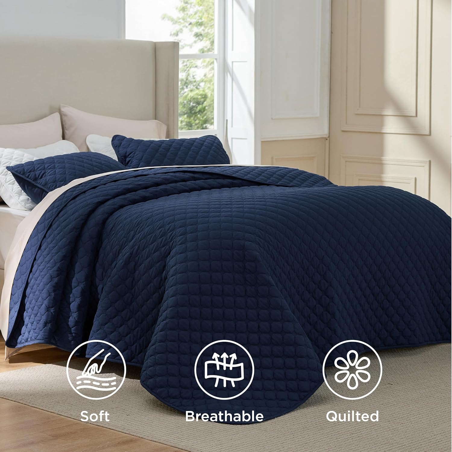 Bedsure Quilts Queen Size - Lightweight Bedspreads Queen Size with Classic Honeycomb Quilting, Soft Quilt Bedding Set, Navy Comforter Set Coverlet for All Seasons with 2 Pillow Shams (90" x 96")