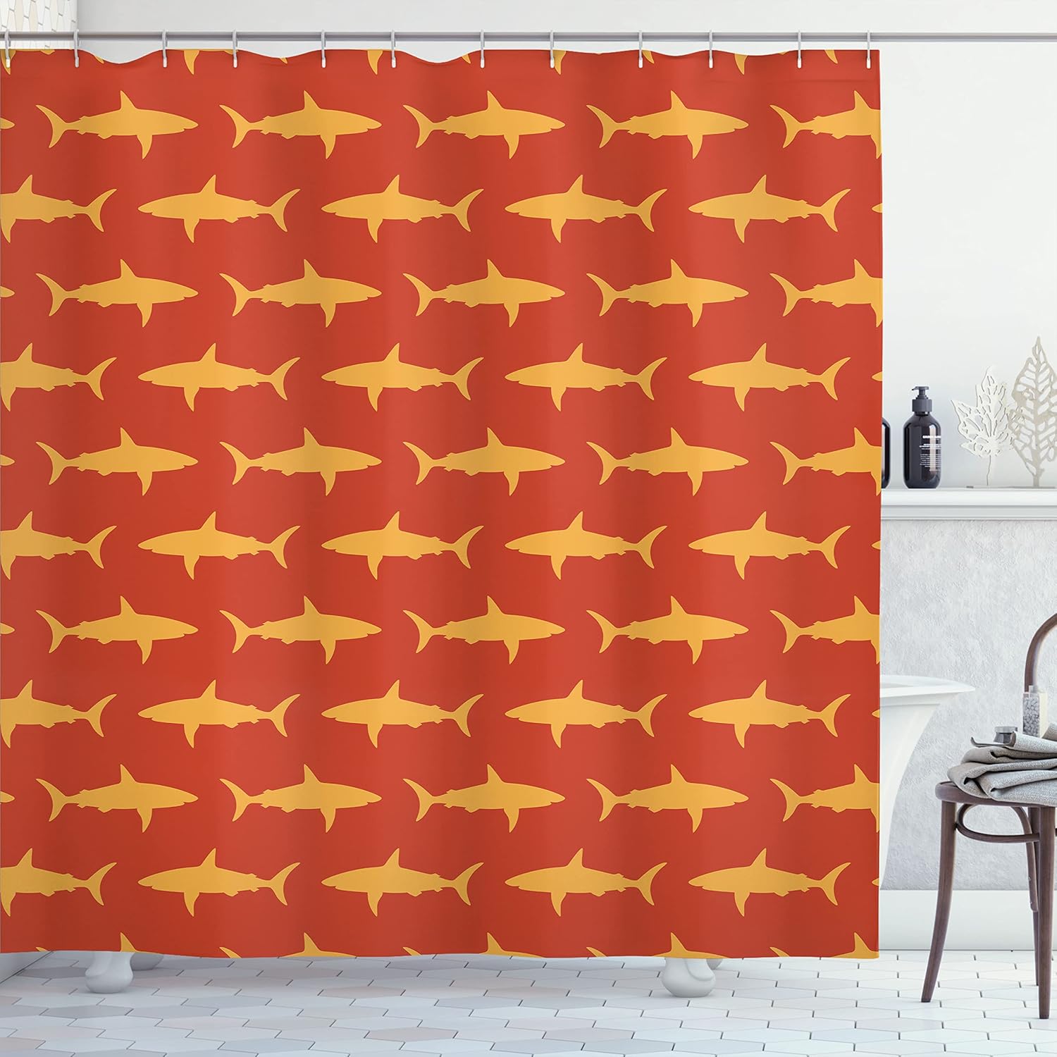 Ambesonne Sea Animals Shower Curtain, Sharks Swimming Horizontal Silhouettes Powerful Dangerous Wild Life, Cloth Fabric Bathroom Decor Set with Hooks, 69" W x 70" L, Red Orange